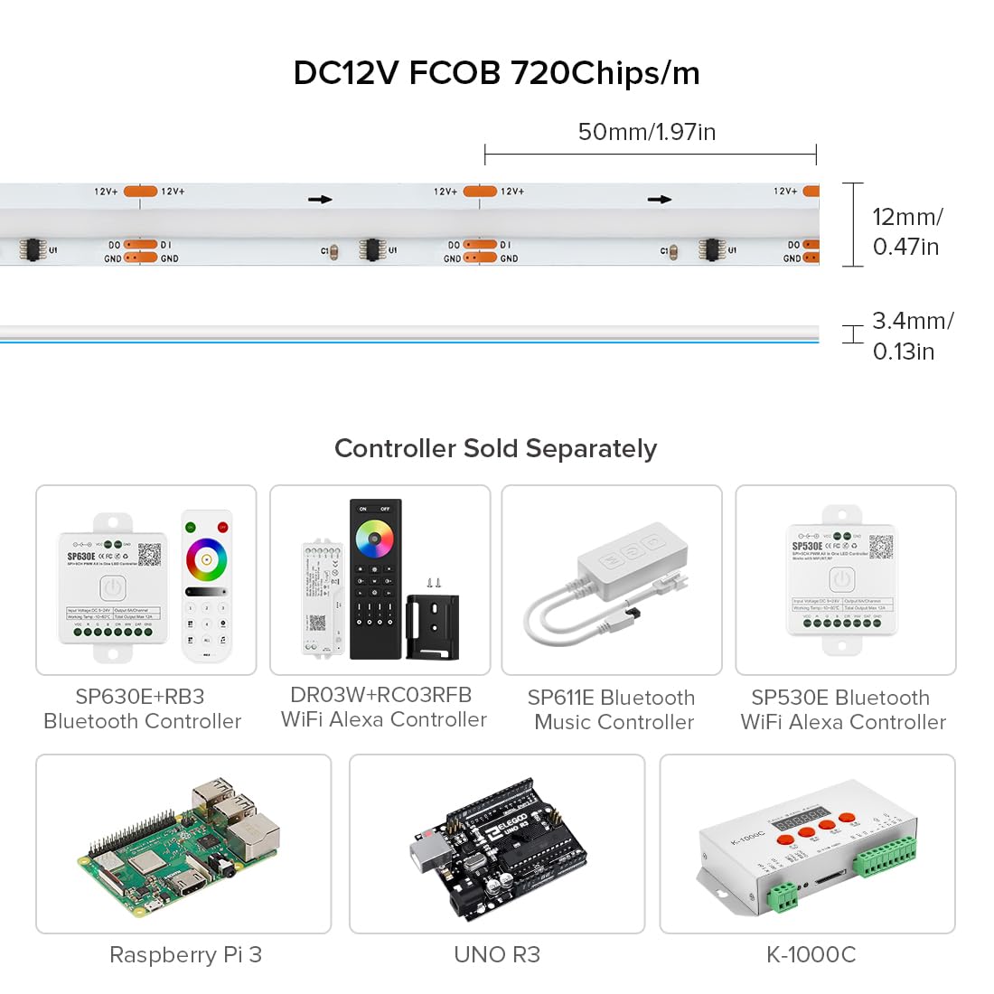 BTF-LIGHTING RGB COB LED Strip 3.2FT 720LED/m White PCB DC12V Flexible Light for Indoor Decor