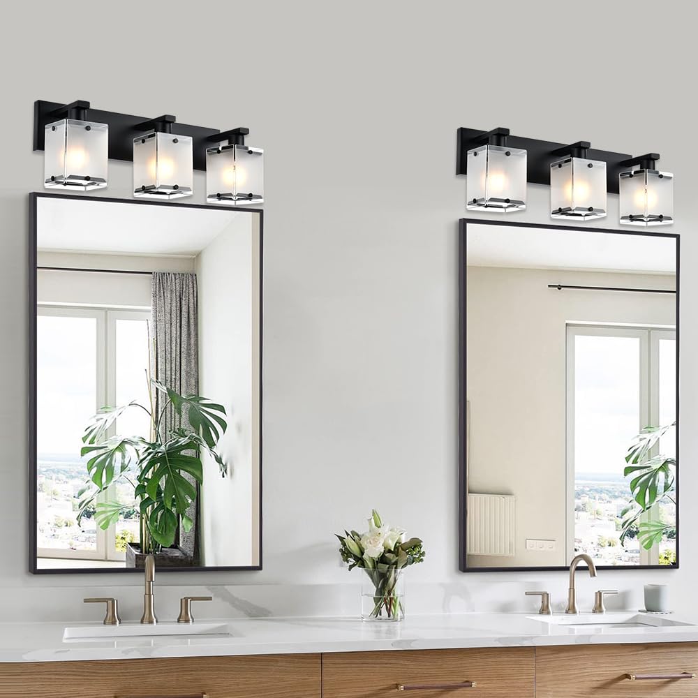 WINSHEN 3-Lights Bathroom Light Fixture, Modern Black Wall Sconce with Frosted Glass Shade, E26 Bulb Base, Model 3WBL-XOTFZO