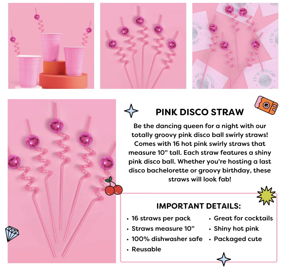 xo, Fetti Pink Disco Ball Reusable Swirly Straw Set - 16 pc | Groovy Party Supplies, One Size, Ideal for Birthdays & Showers