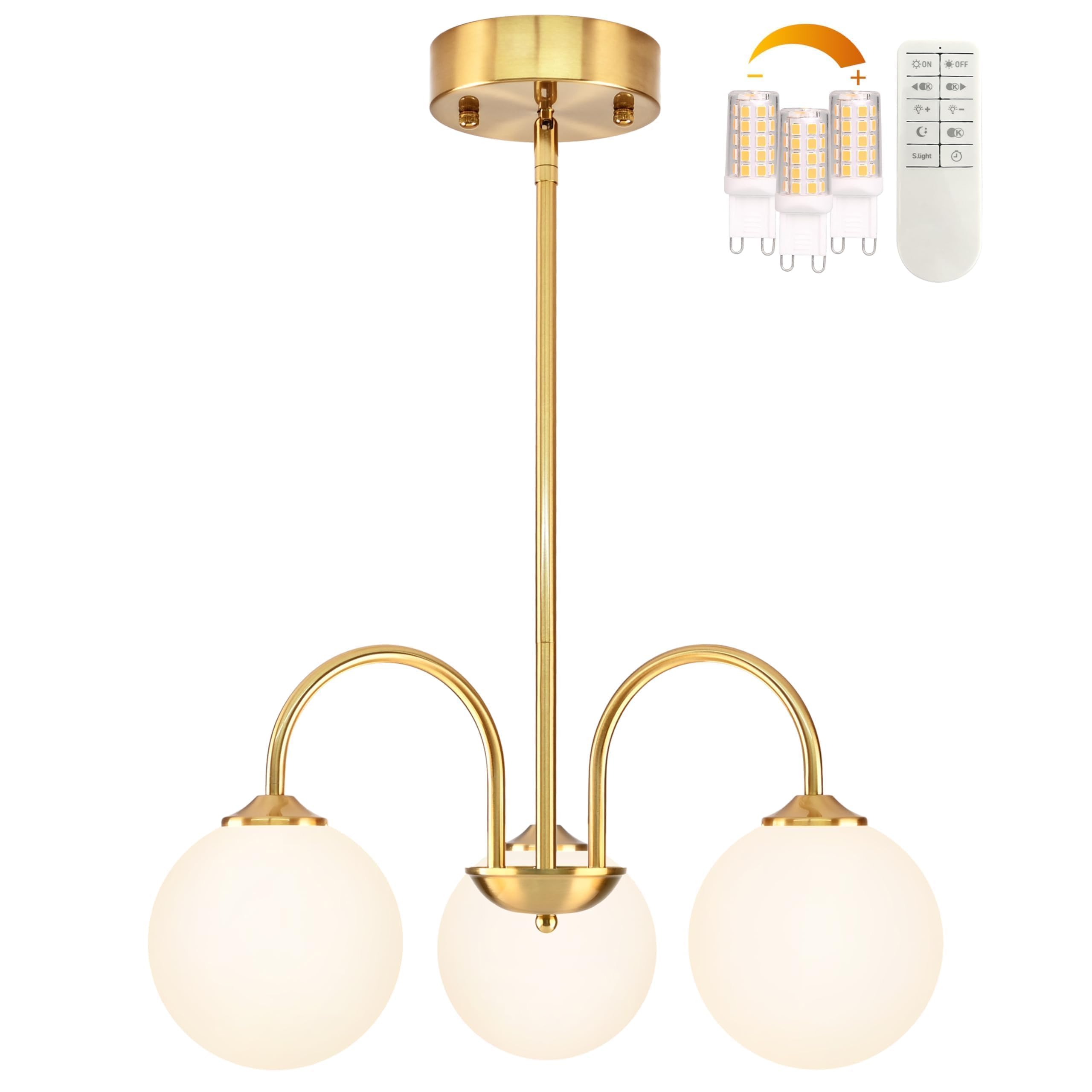 Bagood 3 Lights Globe Pendant Light Gold Sputnik Light Fixture 19.6    Modern Sputnik Chandelier With Milk Glass Globe Shade Dim