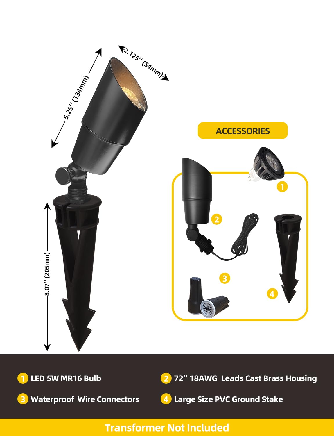 Coloer Die-Cast Brass Landscape Spotlight(Black) 10-Pack With 5W Aluminum Housing Mr16 Led Bulb 2700K 450Lm Cri85+,12V Ac/Dc Low
