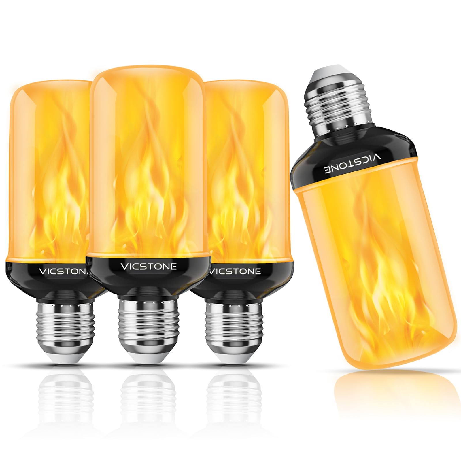 Vicstone LED Flame Light Bulbs, 4-Mode Flickering Effect, E26 Fire Light Bulbs, 4 Pack, Plastic, for Indoor Outdoor Use