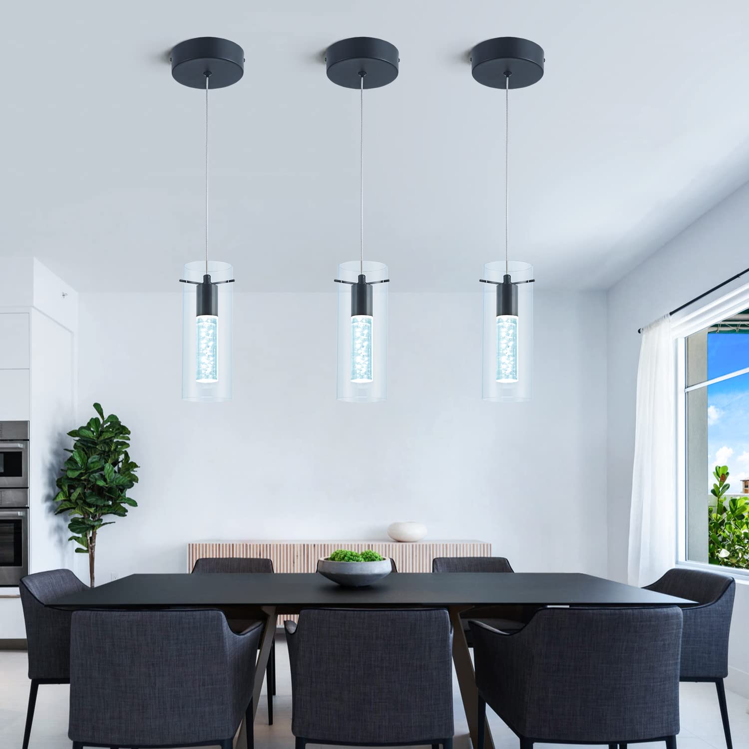 BESTWEST Black Pendant Light, Modern Kitchen Island Fixture, Glass, 3 Pack, BW-03, Sand Black