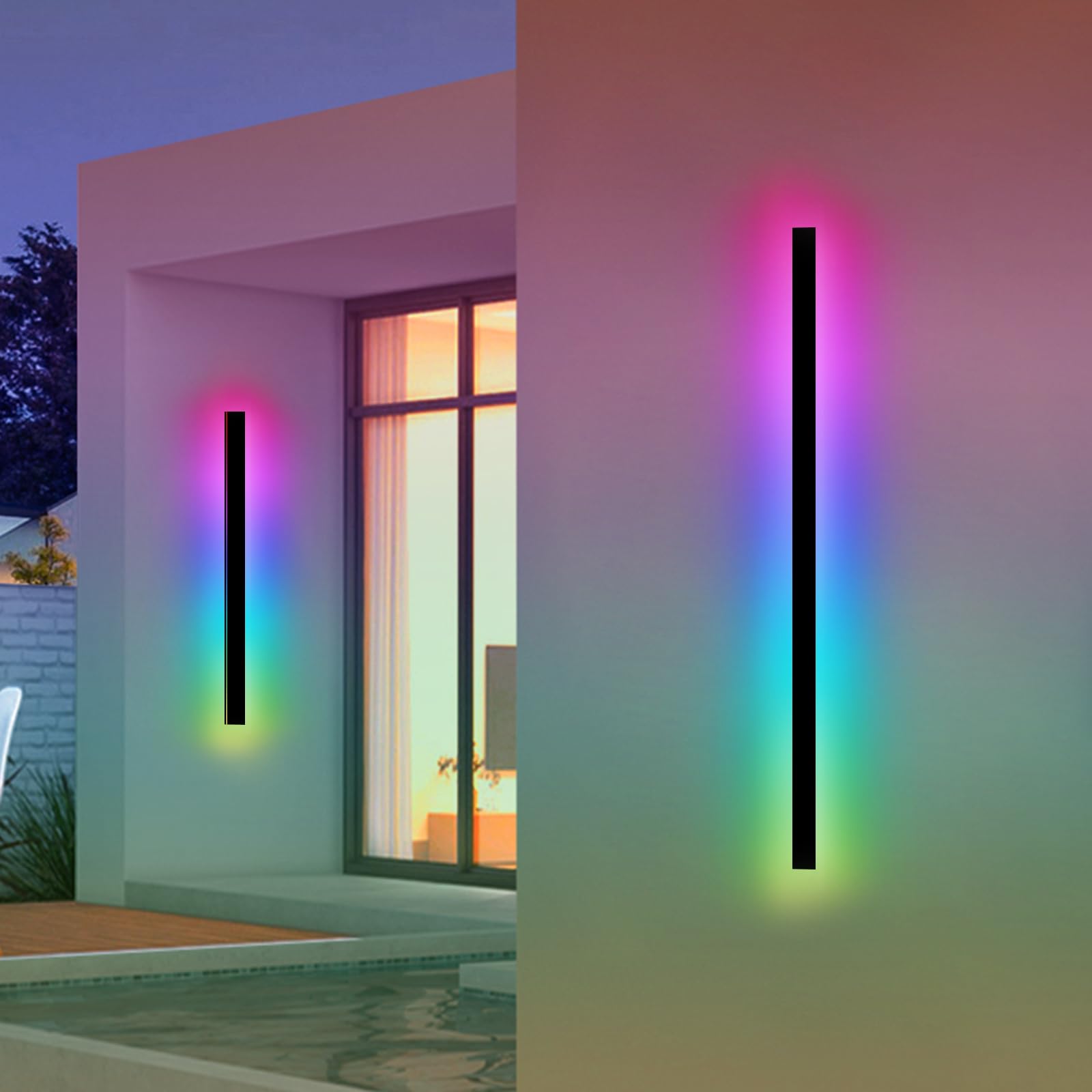 Nkjortppl 2 Pack 92.5 Modern Outdoor Led Wall Lights For House, Black Exterior Rgb Wall Sconce, Linear Long Strip Waterproof Out