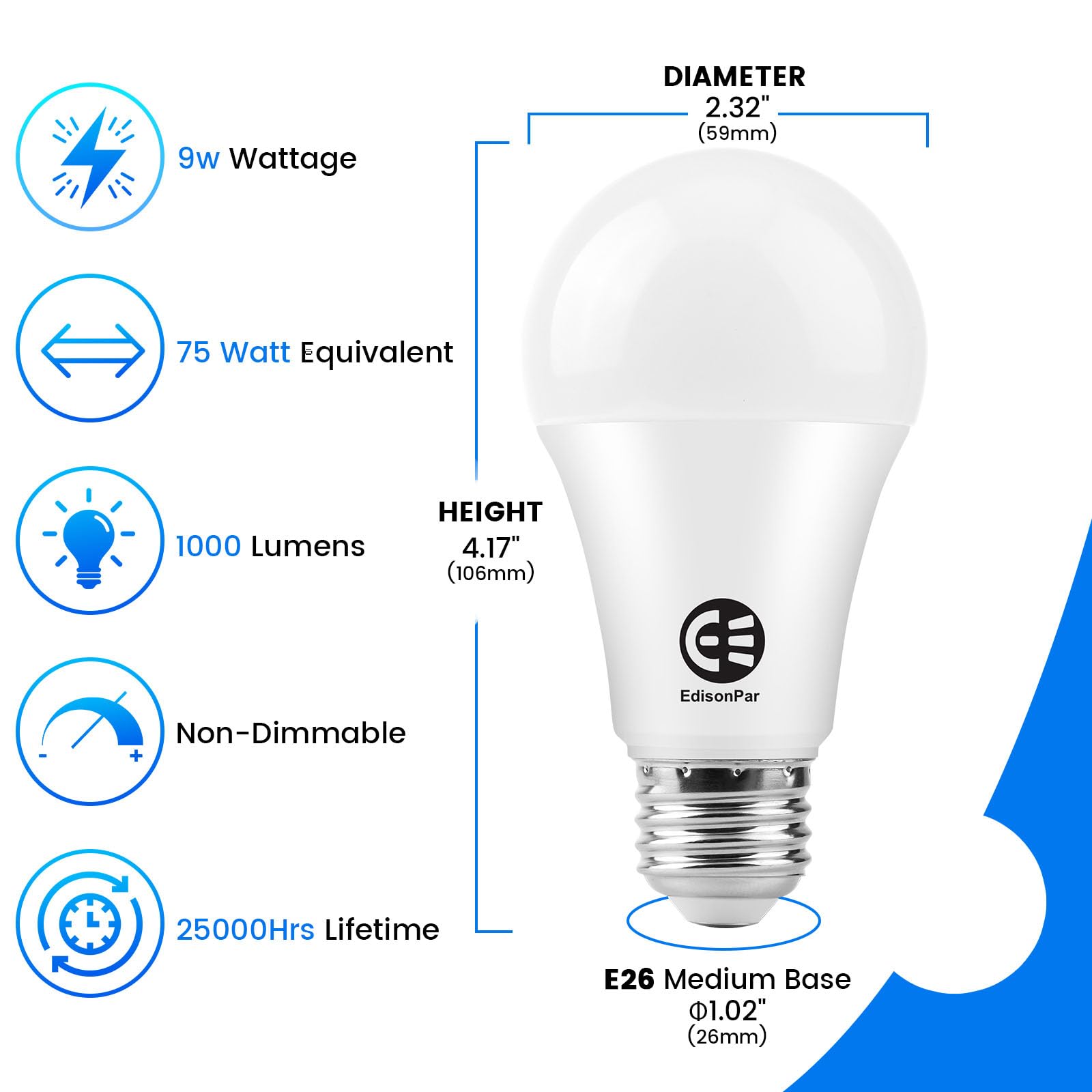 Edisonpar A19 8-Pack Led Light Bulbs, E26 Base 75W Equivalent 1000Lumens 4000K Neutral Daylight Light, Cool White (Cwf), Non-Dim