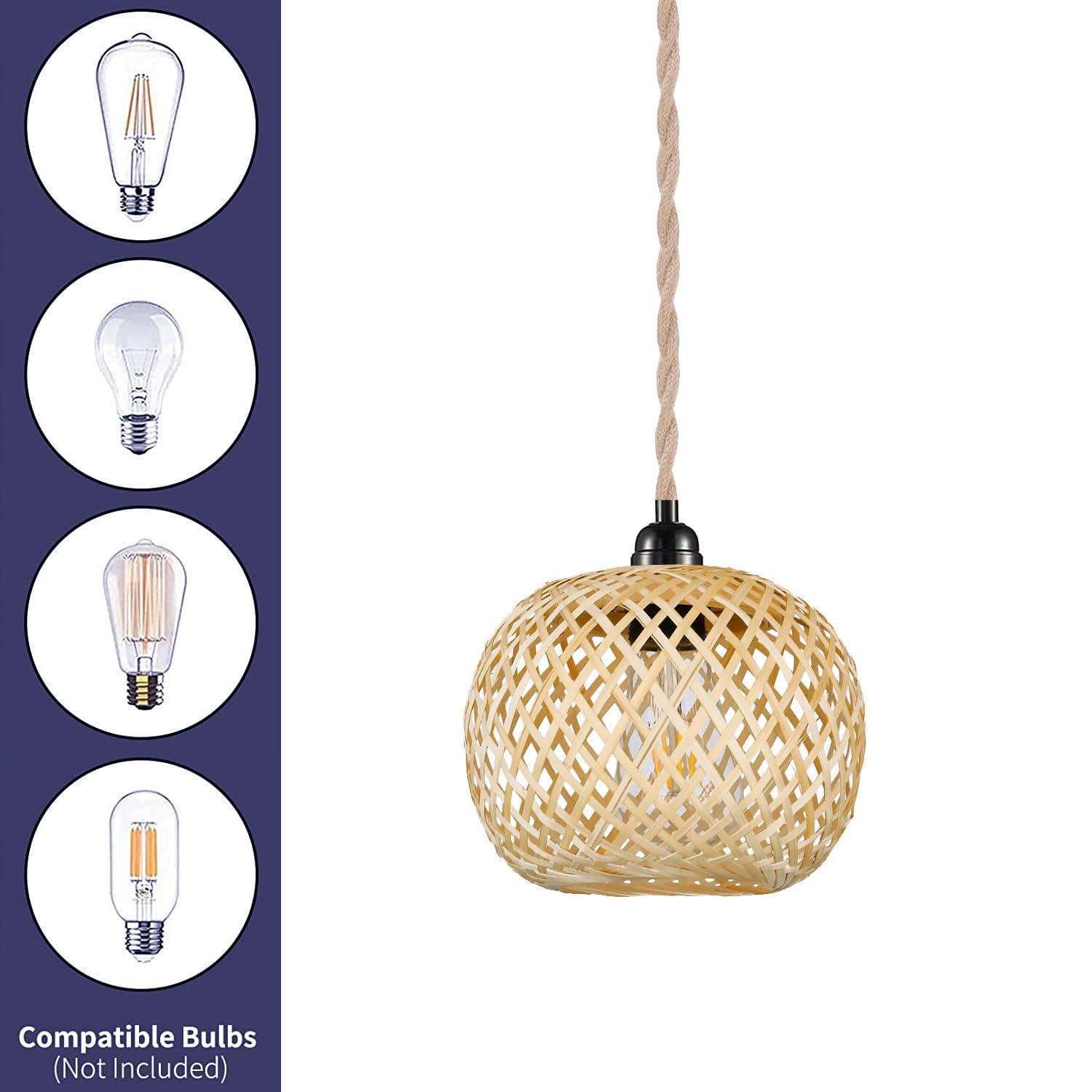 Vintage Plug In Pendant Light Wicker Rattan Hanging Lights With 15Ft Hemp Rope Cord Mini Bamboo Lampshade Boho Wall Lighting Fix