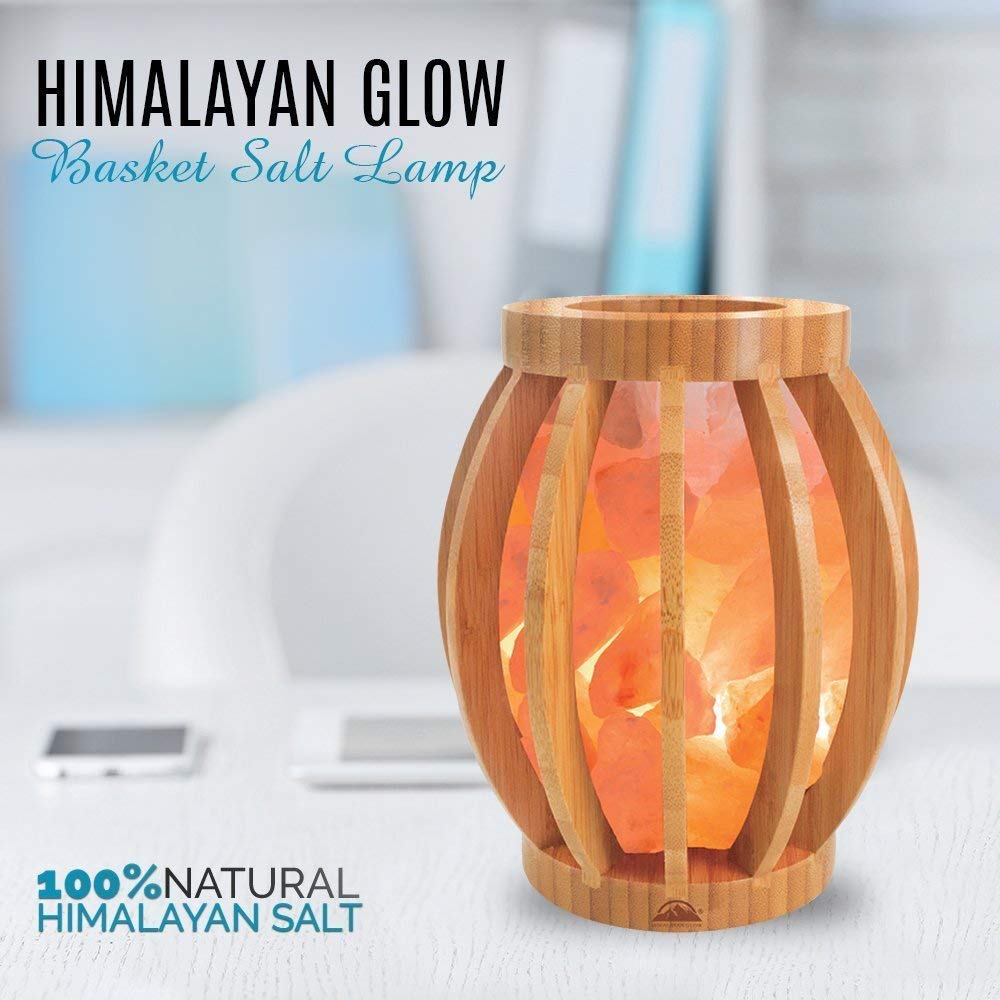 Himalayan Glow Bamboo Basket Night Light Lamp, ETL Certified, Pack of 2, Pink Salt Chunks, Warm Amber, Model 1348B, Orange