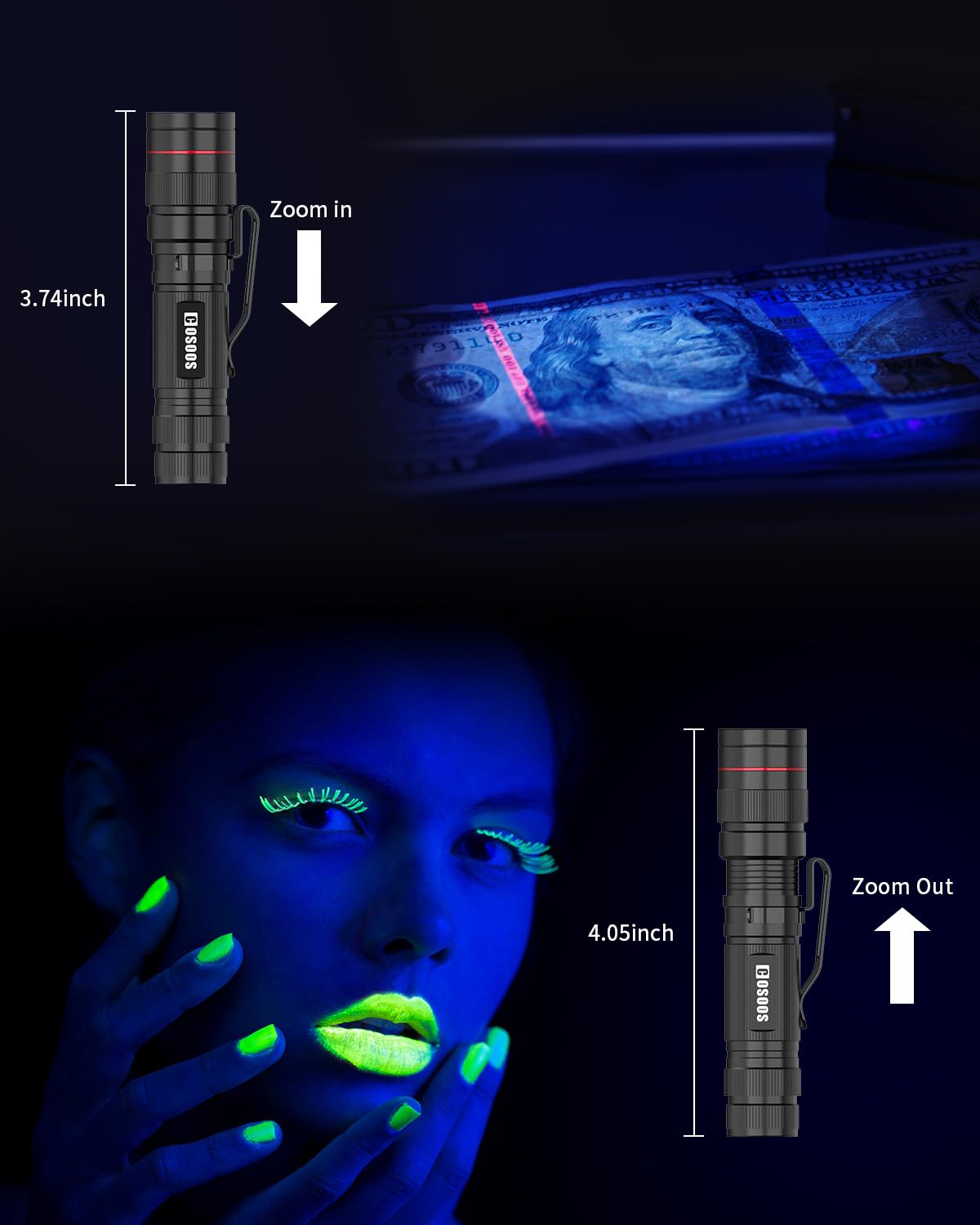 COSOOS UV Flashlight 2 Pack, 395nm Mini Black Light, Zoomable Torch, 3.7inch, Black, Model S7