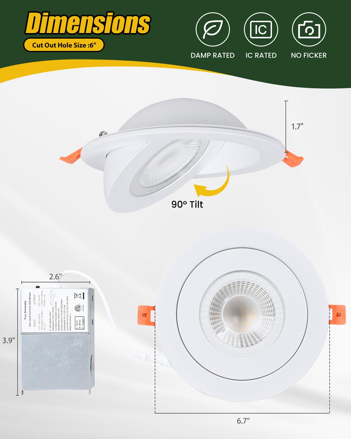 Zyc Gimbal Led Recessed Lighting - 6 Inch 5Cct 12W 360 Rotation Adjustable Eyeball Light Led Swivel Spotlight Directional Sloped Ceiling Light Dimmable Canless Wafer Downlight Pack Of 6 White.
