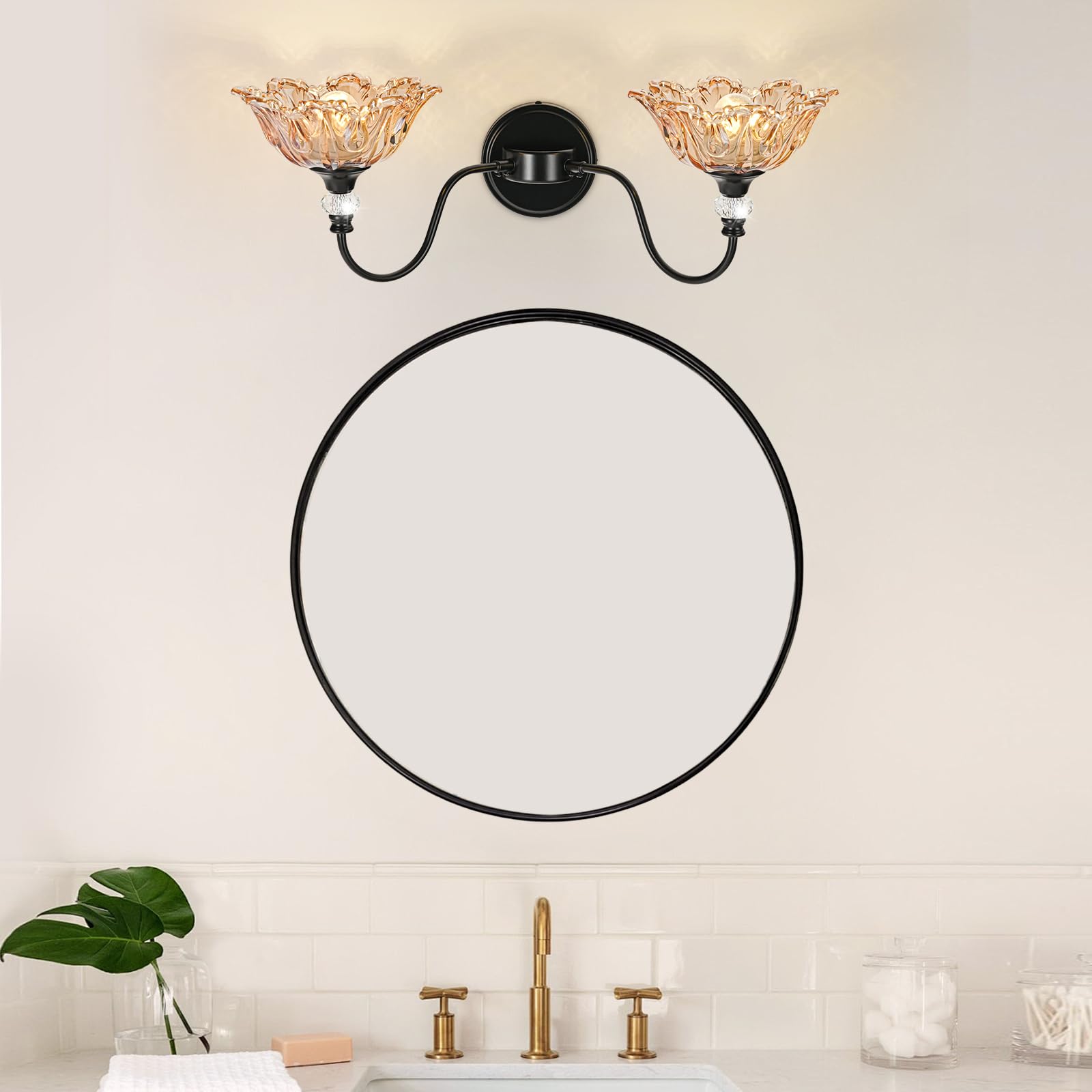 sunkryster 2-Light Black Bathroom Vanity Light with Floral Amber Glass Shades, Vintage Farmhouse Wall Mount, Model Sun-104AB-2-Black-Amber