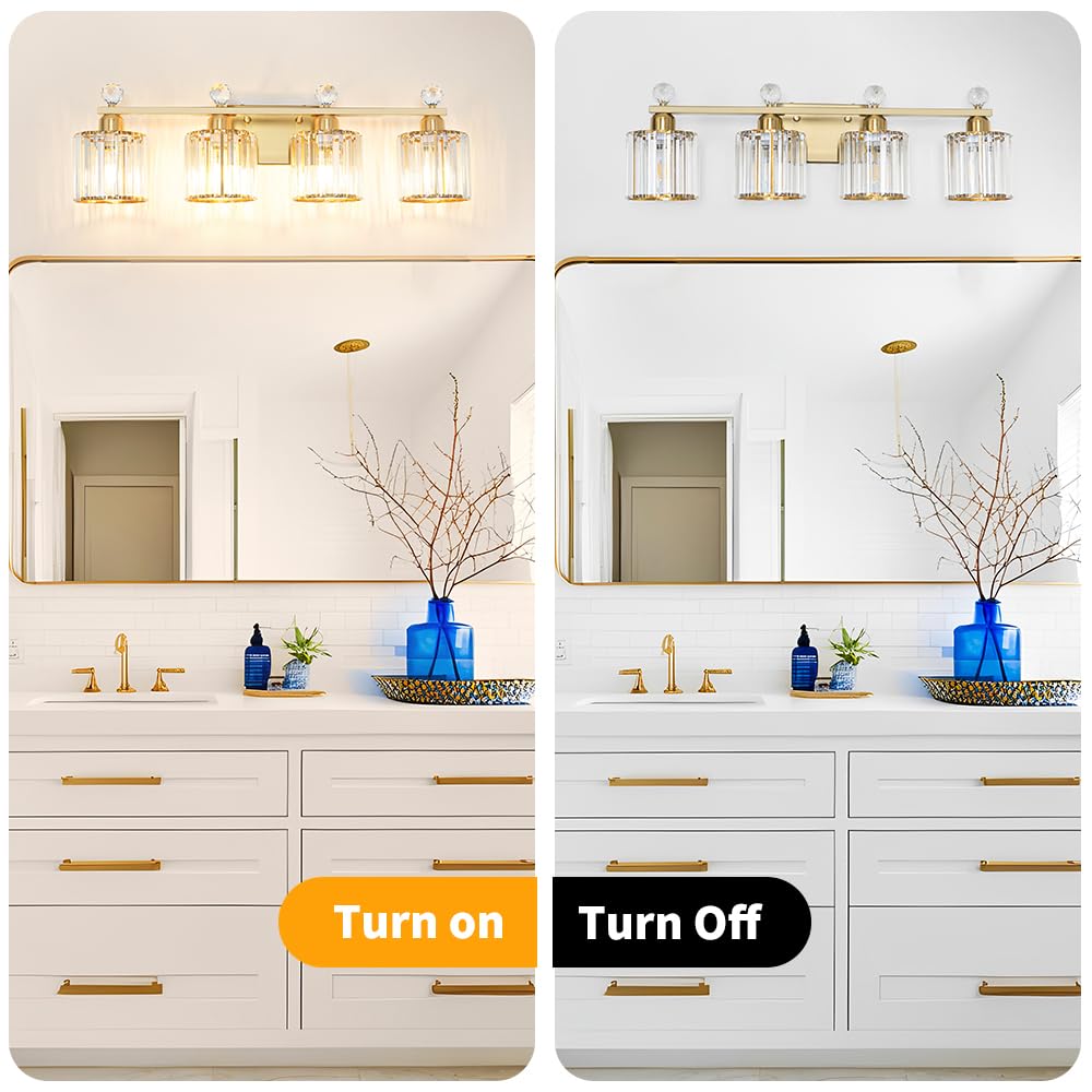 Modern Crystal Bathroom Vanity Light  4-Lights Bathroom Light Fixtures  Brass Gold Vanity Lighting Fixtures Over Mirror  Brushed Wall Sconce Light For Bedroom  Kitchen  Living Room  Gallery  E26 Base