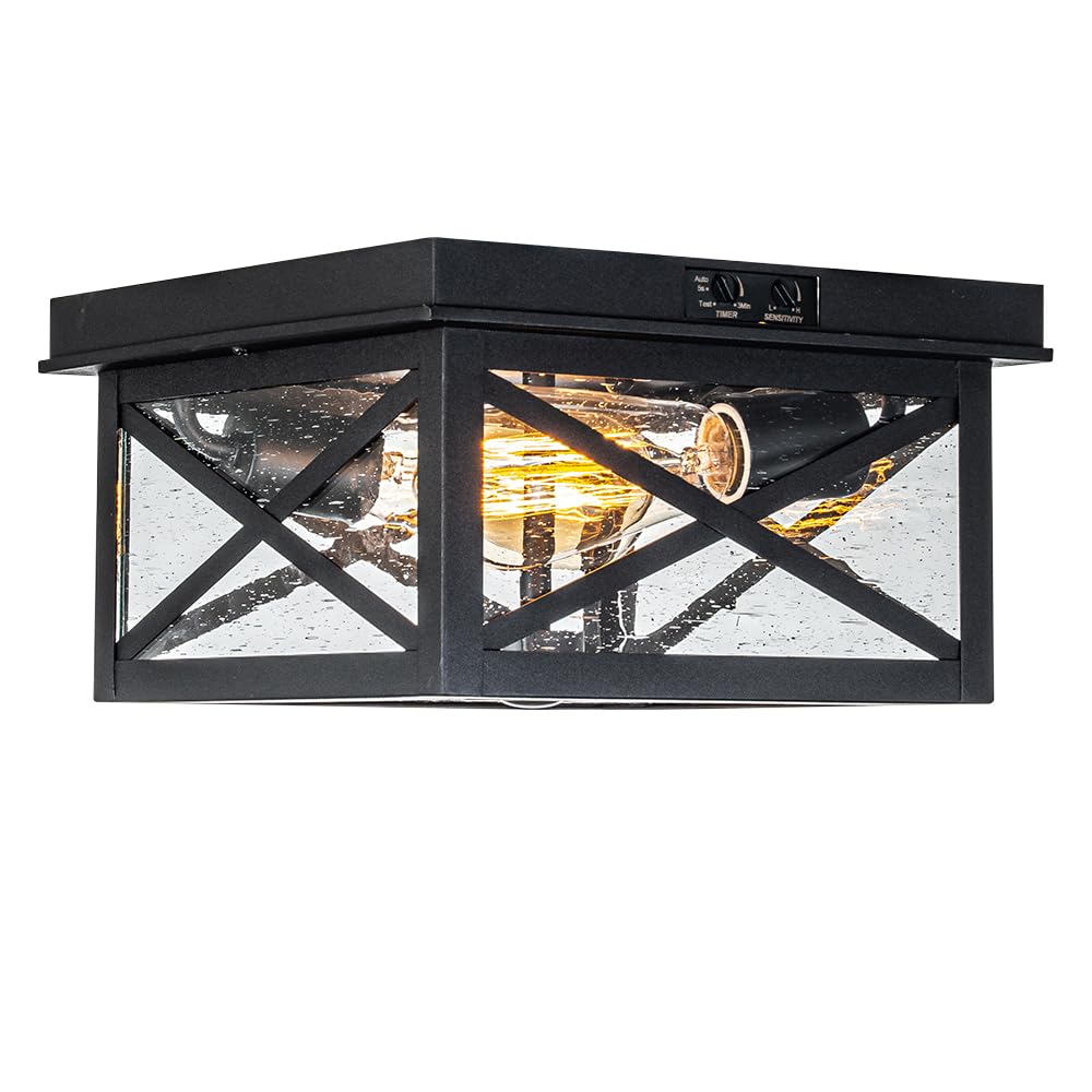 Oupavocs Outdoor Ceiling Light With Motion Sensor, Black 2-Light Flush Mount For Porch & Patio
