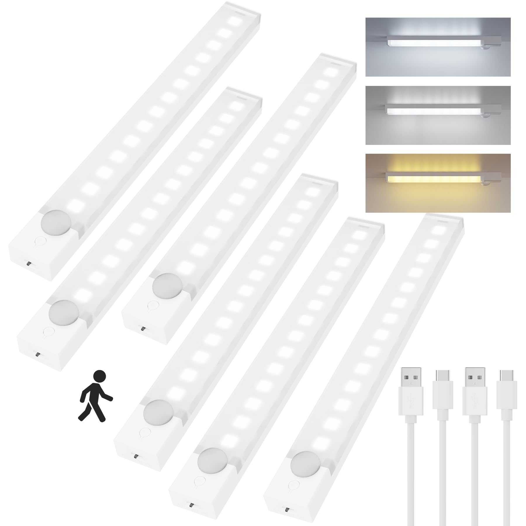 Rihvy Under Cabinet Lighting, 8 Inch Rechargeable Motion Sensor, 3 Color Dimmable, Battery Operated, 6 Packs, White, Model CabLight001-2