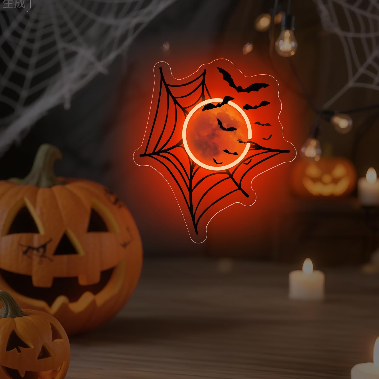 Spider Web Moon And Bats Corner Decor  Halloween Neon Sign  Fireplace Decor  Gift For Family  Spooky Wall Decoration  13.8X12.6
