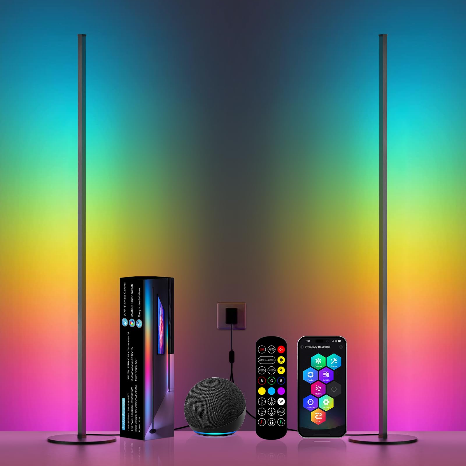 Eastfine RGB IC Smart Corner Floor Lamp, WiFi Black, Aluminum, Model DX23012-02, APP & Remote Control, Music Sync, 1 Pair