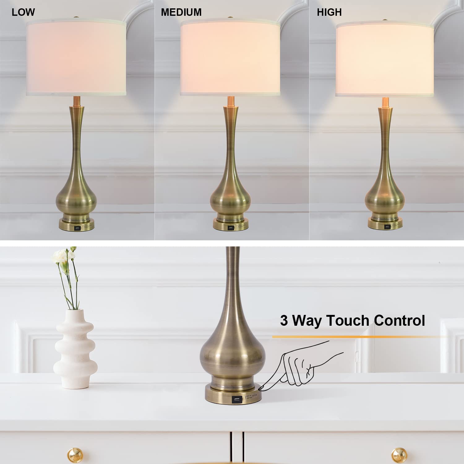 Touch Lamp For Bedrooms Set Of 2, 3-Way Dimmable Nightstand Lamp Sets With Linen Fabric Shade, Bedside Lamp With Usb Port & E26