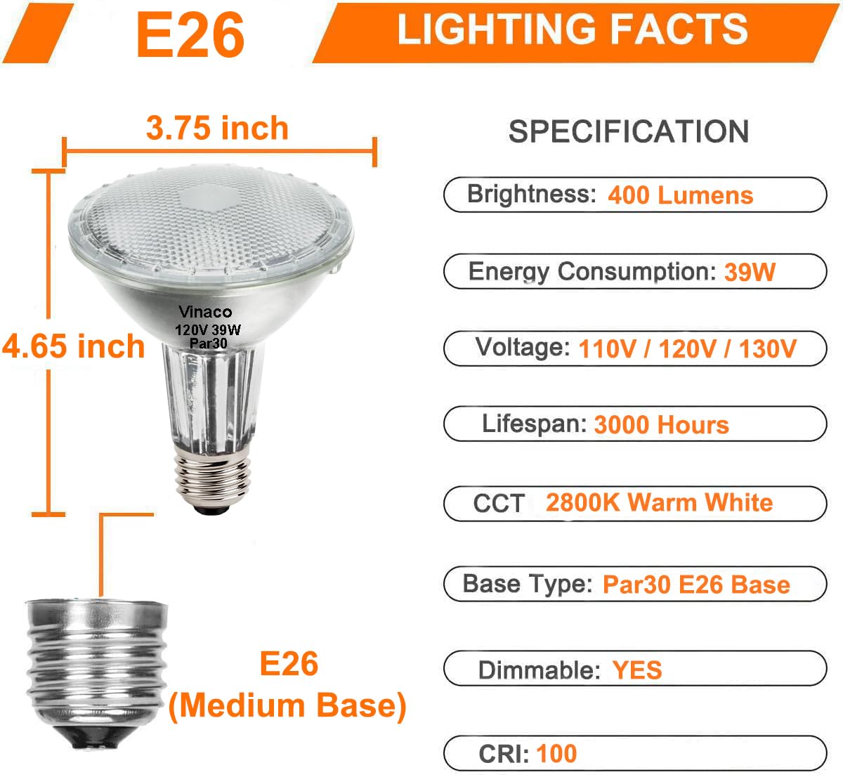 Vinaco PAR30 Halogen Flood Light Bulbs, 39W, 6 Pack, Dimmable, Warm White 2800K, E26 Base, Indoor/Outdoor, Silver