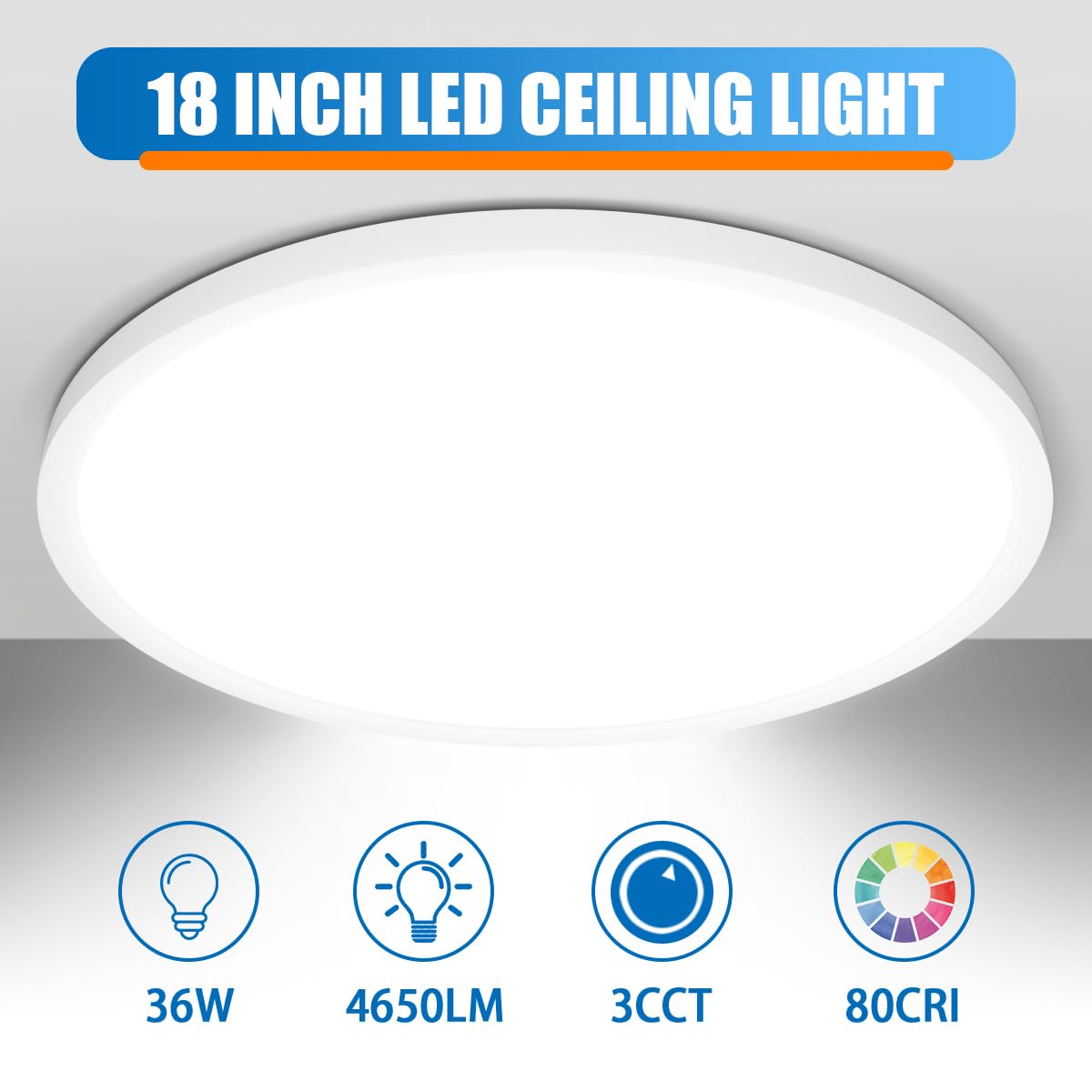 Allsmartlife Led Flush Mount Ceiling Light Fixture 1-Pack, 18 Inch 36W 4650Lm Flat Ceiling Light, 3000K/4000K/6500K, Round Ceili