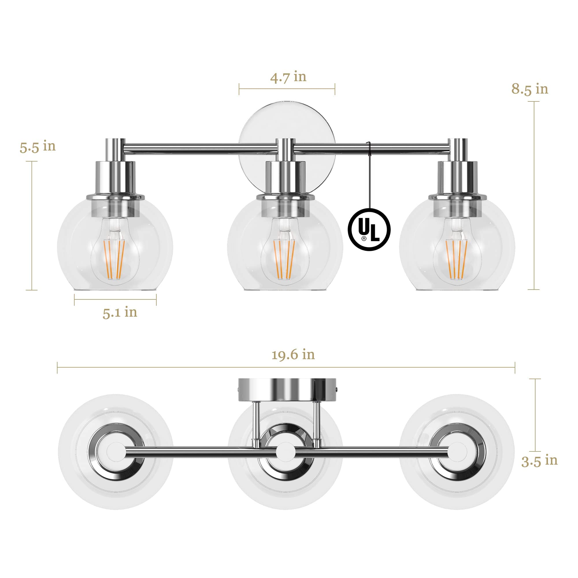 Espird 3-Light Bathroom Vanity Light Fixtures, Polished Chrome Metal Wall Sconce, Model EP-HL-N3C, Industrial & Farmhouse Design
