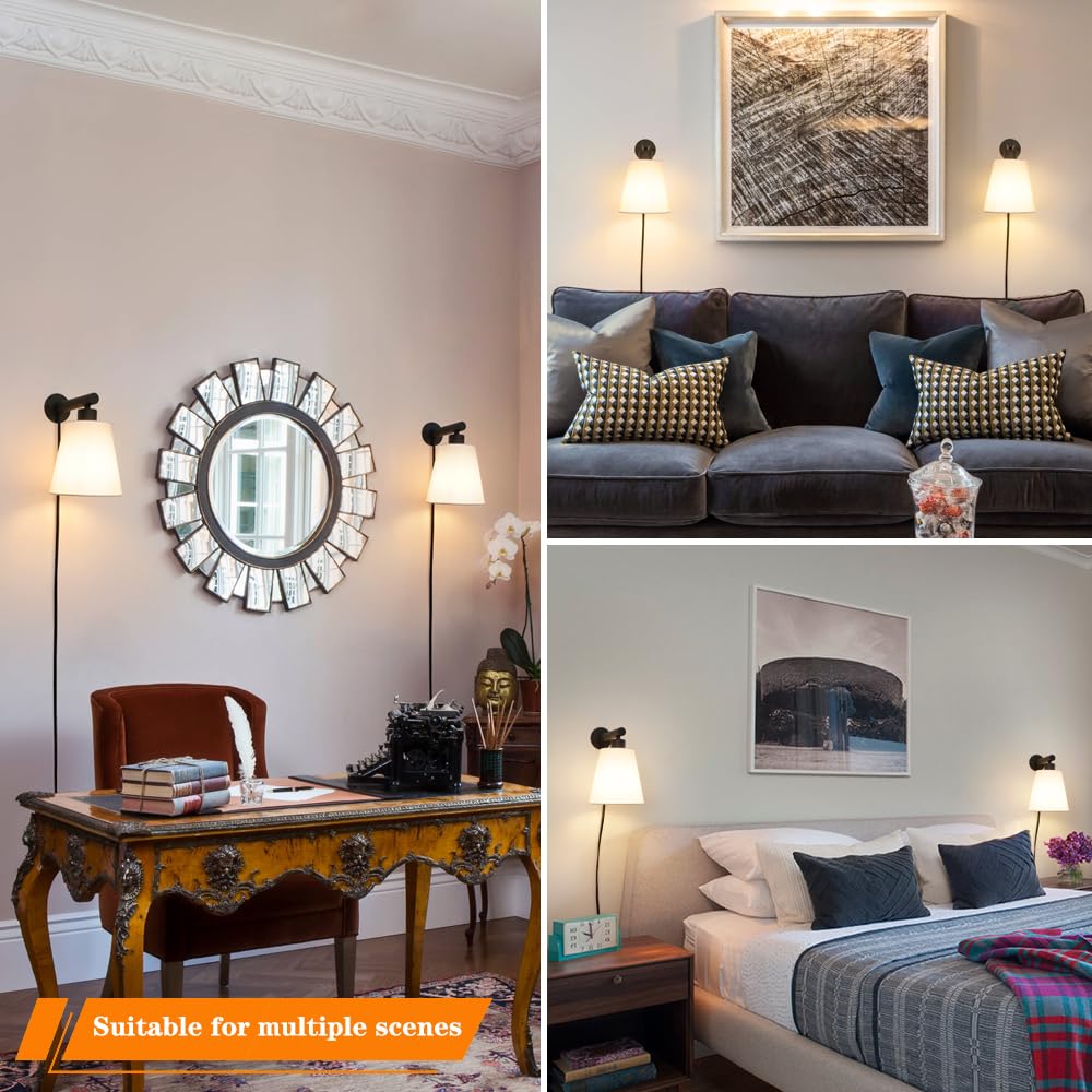 Oiyio Plug In Wall Sconces Set Of Two, Wall Lamp With Plug In Cord, Black Wall Sconce Light Plug In, Bedside Wall Mounted Light With Fabric Linen Shade, Plug In Wall Decor For Bedroom Living Room