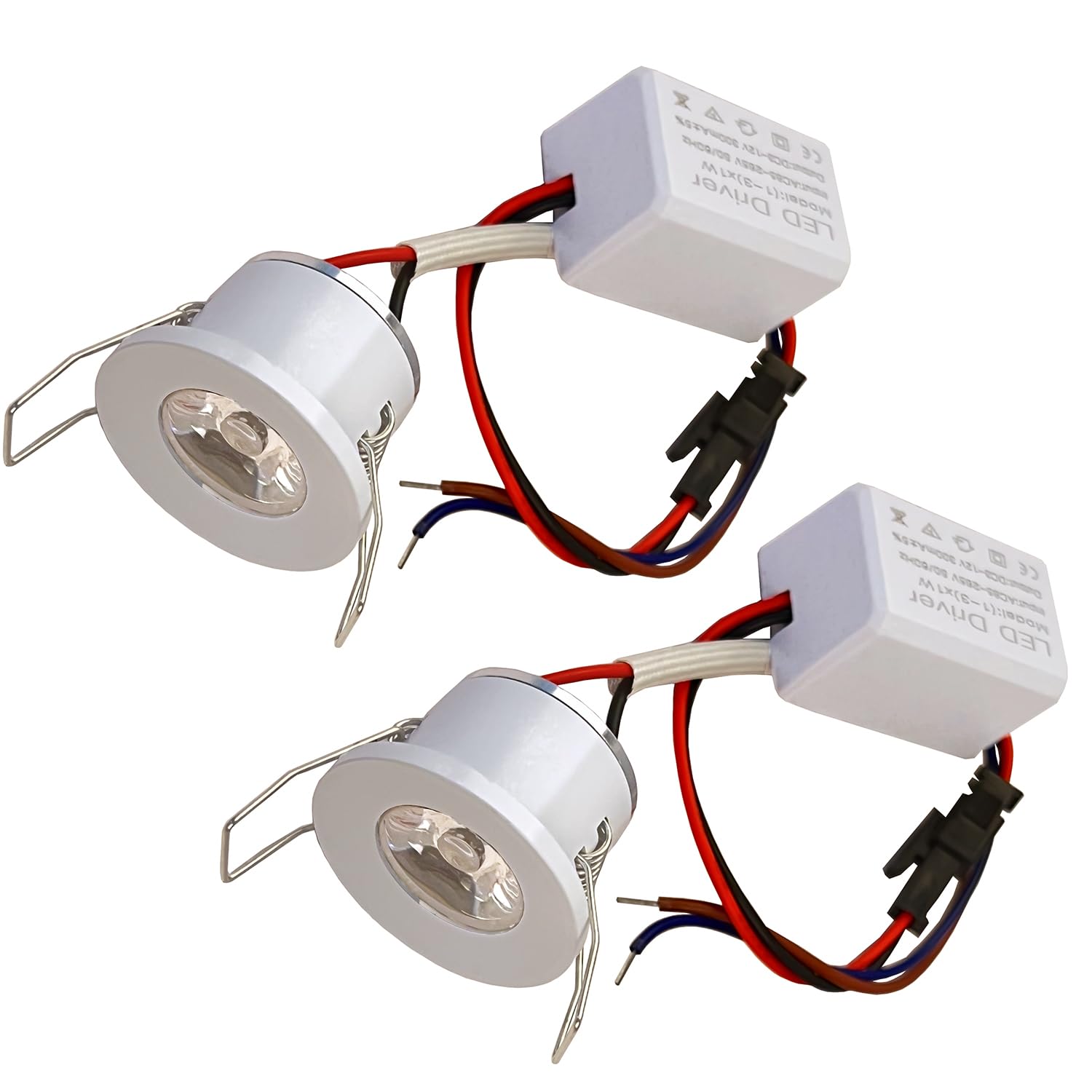 Scpopfer 2Pack 1W Mini Spotlights Indoor Recessed Ceiling Showcase Display Under-Cabinet Lights Fixture With Ac 110V/220V To Dc 3-12V Led Driver Power Supply 3000K Warm-White Lighting White-Shell