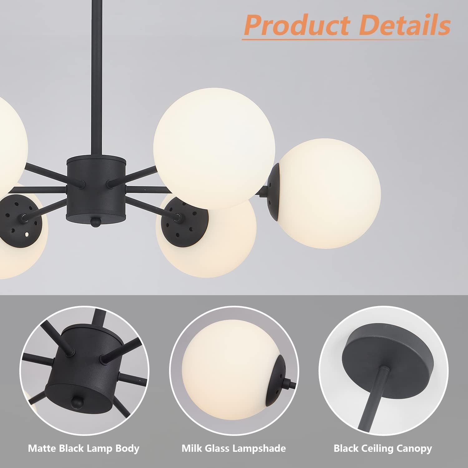 Kco Lighting Matte Black Sputnik Chandelier Light Fixture Mid Century 6-Light Milk Glass Ball Chandelier Modern Globe Flush Moun