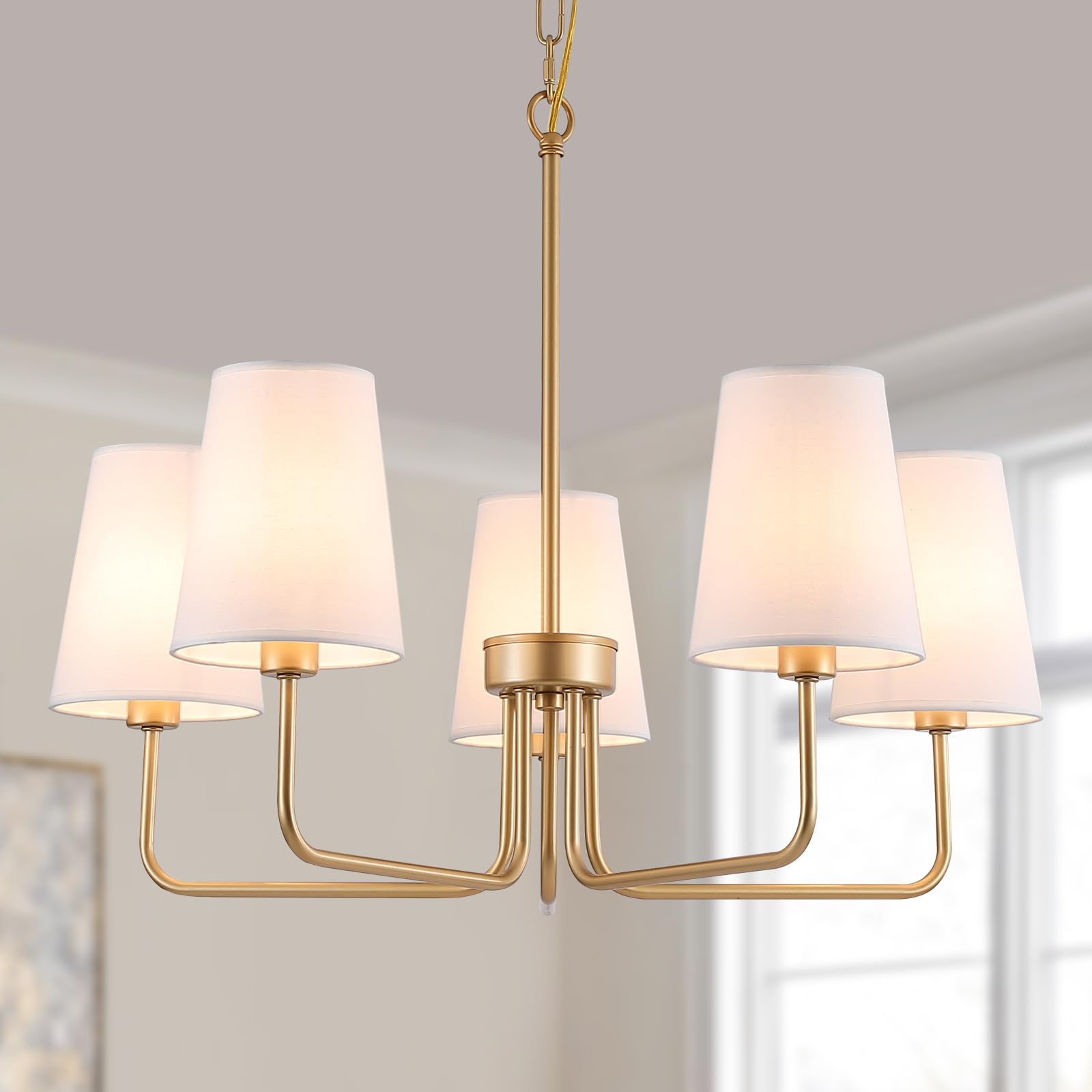 AMZASA Farmhouse Chandelier, 5-Lights Visual Comfort Gold Light, Muted Gold with White Fabric Shade, Linear Island Lighting Fixt