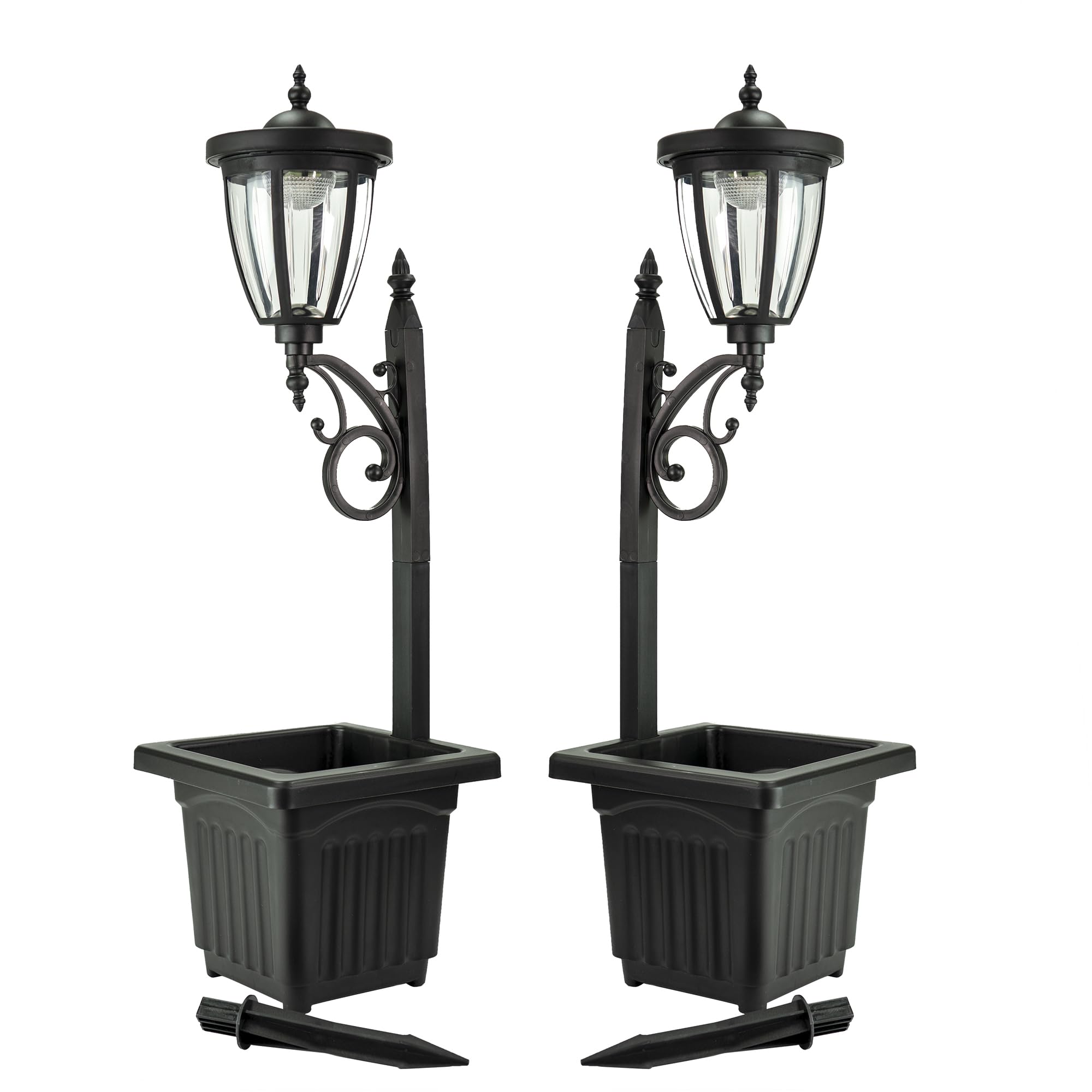 Sun-Ray Solar Lights 2-Piece Set - Multi-Function With Posts, Ground Stakes, Planters, Wall Mount - Black Plastic, Model 312022