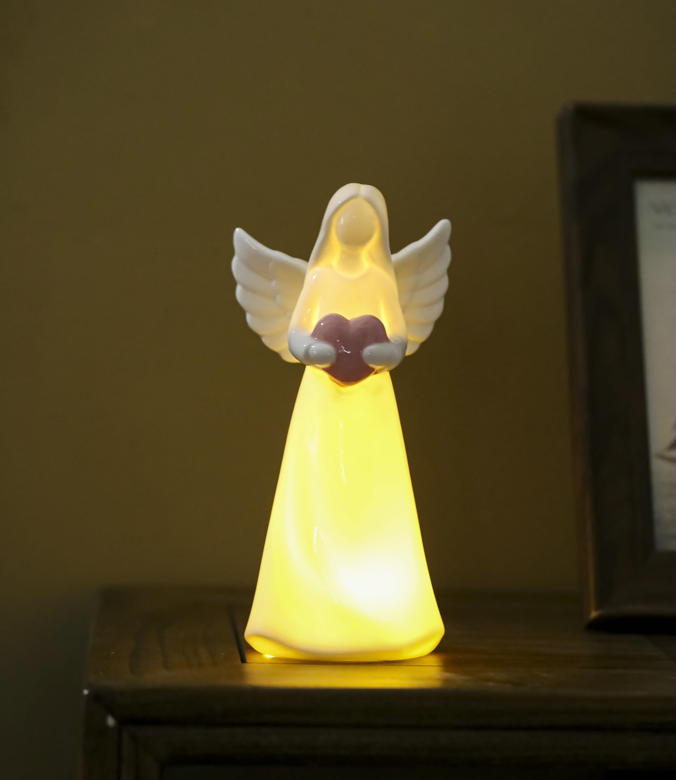 ADAVAS.Y&G Porcelain Lighted Angel Figurine with Pink Heart, Best for Your Loved one 7'' H