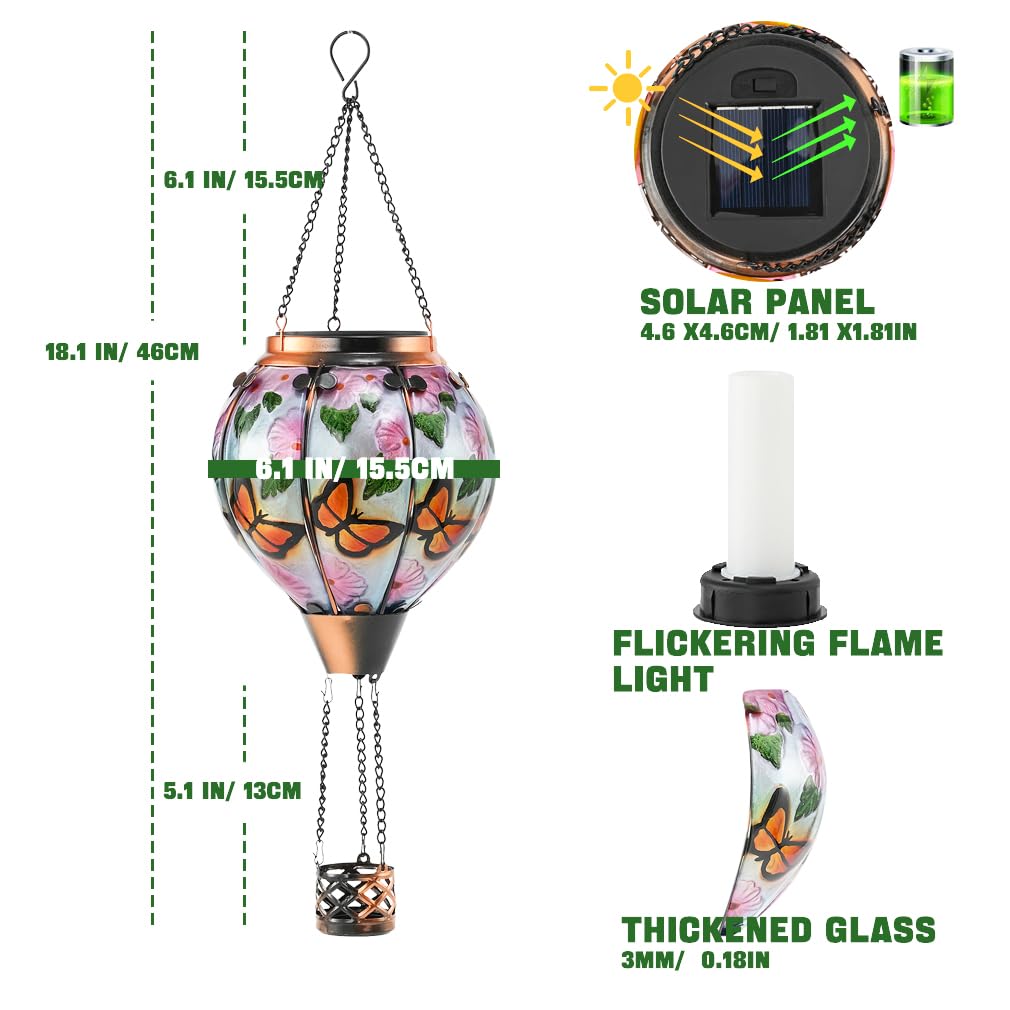 Hot Air Balloon Solar Lantern - Butterfly Stained Glass Lantern  Simulated Flickering & Dancing Flame  Outdoor Hanging Yard Light Waterproof Ip65 For Patio Lawn Porch Decor Gift