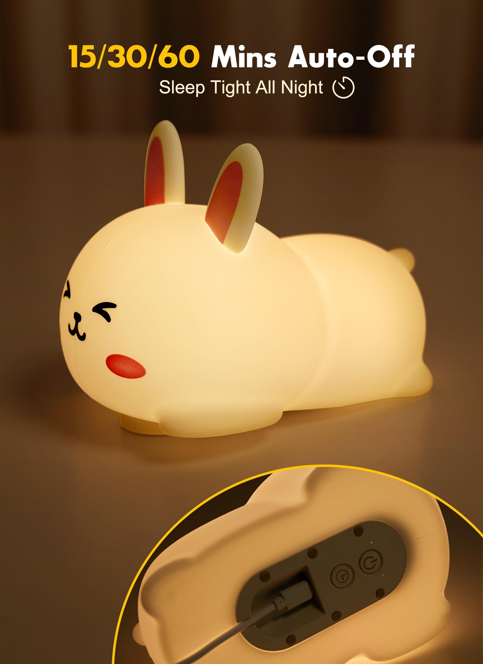 Minetom Bunny Night Light, Cute Silicone Night Light With 2 Levels Brightness, 7 Colors Kawaii Touch Lamp For Bedroom, Girls And Boys, Toddler, Baby Gifts (Tap Control)