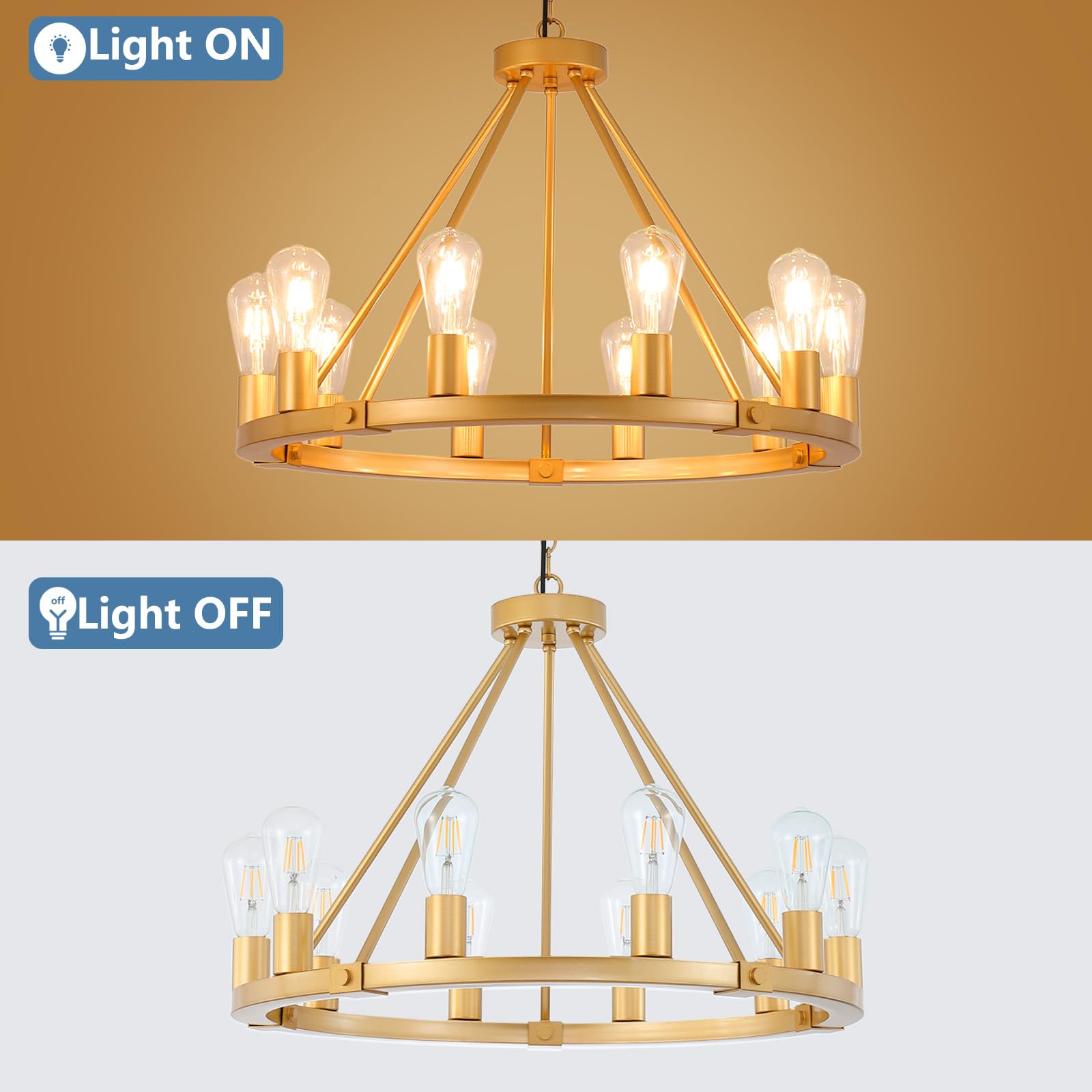 9MMML Gold Wagon Wheel Chandelier, 10-Light Metal Pendant Light Fixture, 26.7in  for Living Room, Bedroom, Foyer, Model 8003