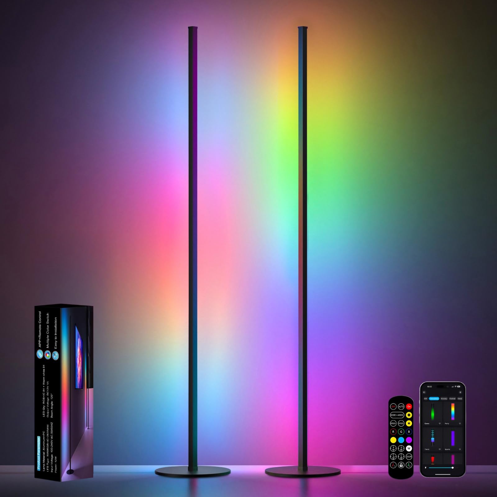 Rgb Corner Floor Lamp 2 Pack, Minimalist Standing Lamp With Remote Control, Music Sync 16 Million Colors, Warm White Ambient Lig