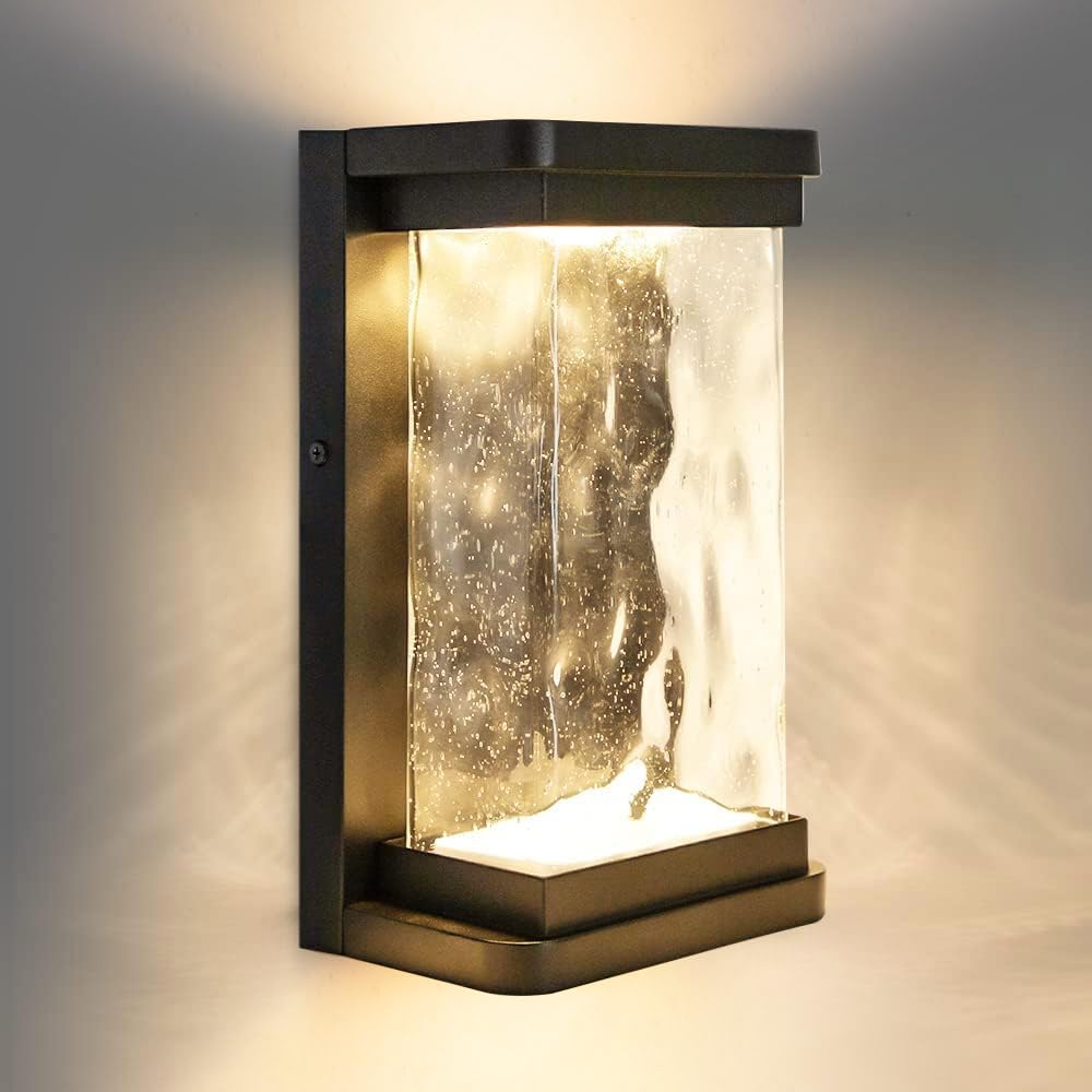 LUTEC Outdoor LED Wall Light Fixture, 1000 Lumen, Dusk to Dawn, Seeded Glass, Matte Black, 1 Pack, Model 5185701012