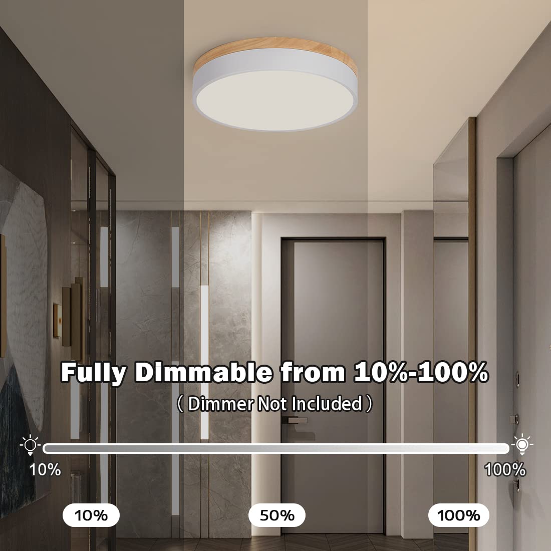 Goomavi Modern Dimmable LED Ceiling Light, 11.8in Round White Wood, 2700K-6000K, Minimalist Flush Mount Lamp for Bedroom, Kitchen, Hallway