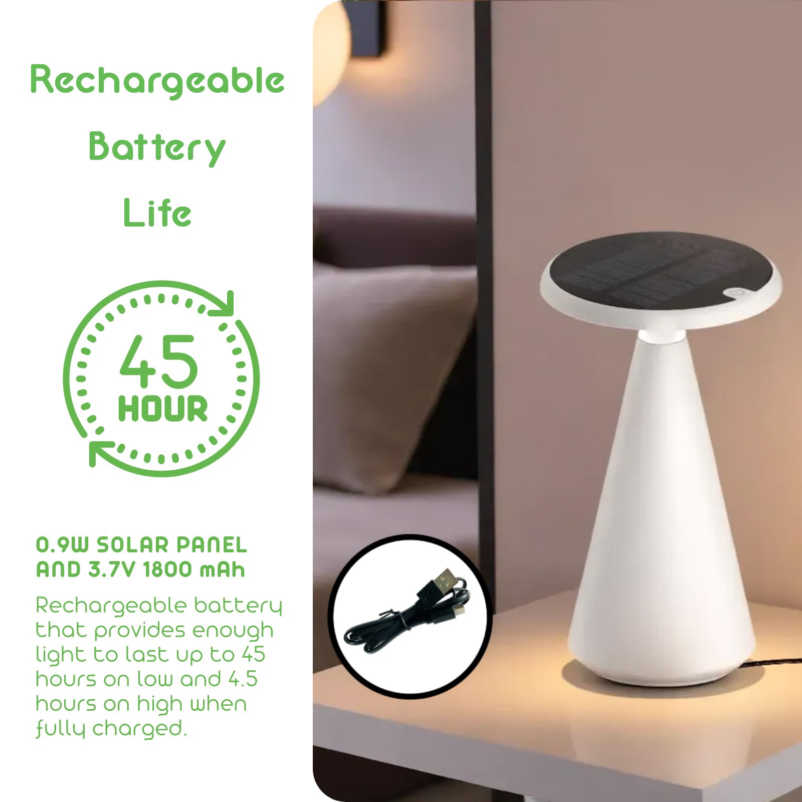 VerLuce Portable Solar LED Mushroom Table Lamp - 1.6W, 160 Lumens, 45 Hour Battery, IP44 Weather Resistant, White