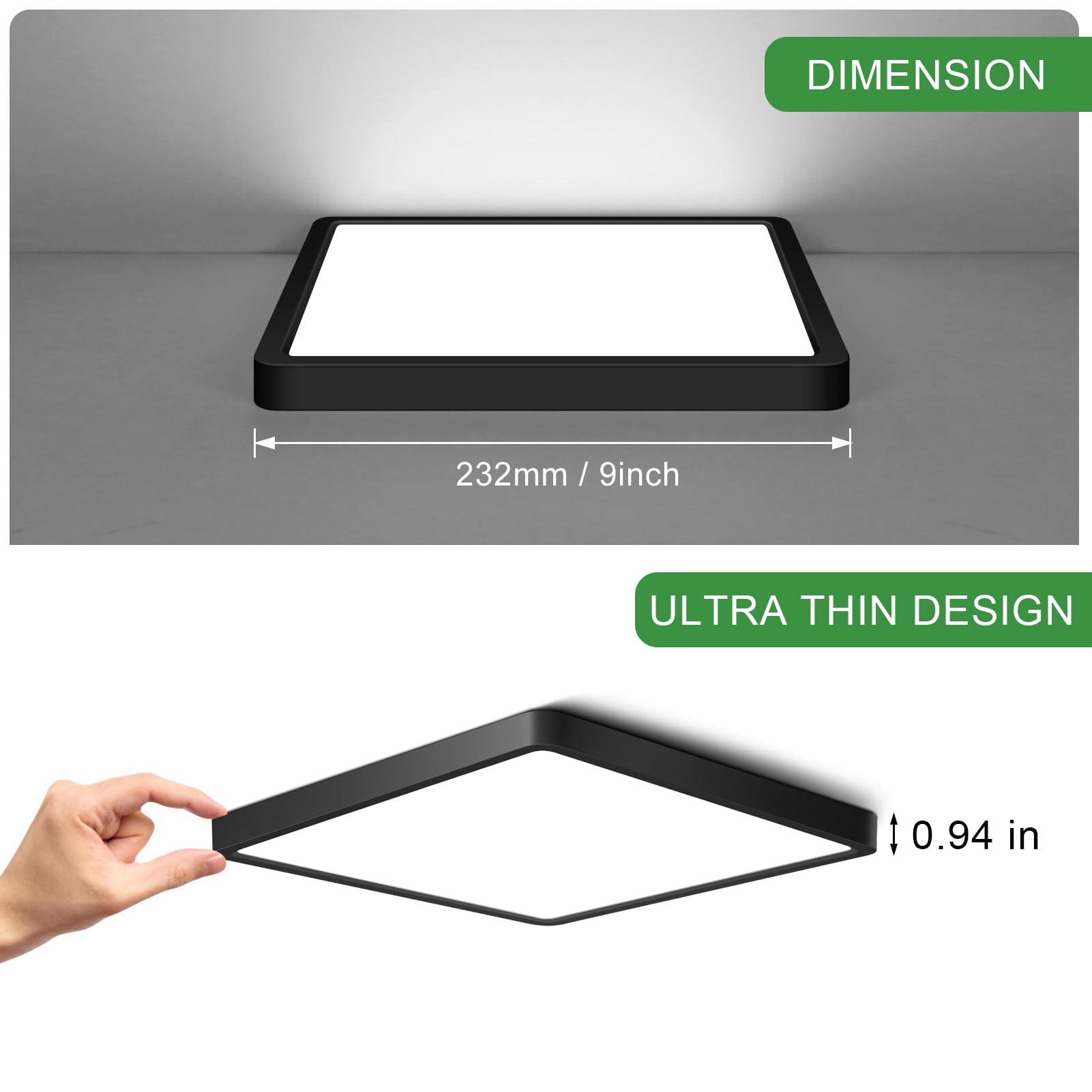 9Inch 18W Square Led Ceiling Light Fixtures Flush Mount  5000K Daylight White Led Ceiling Lamp  Surface Mount Modern Ceiling Lights  Black Slim Flat Panel Lighting For Bedroom  Kitchen  Bathroom Etc