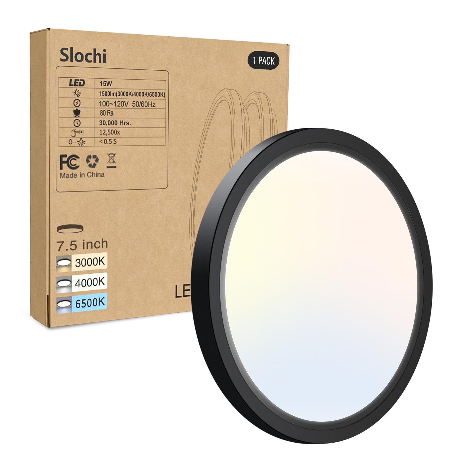 1PACK LED Flush Mount Ceiling Light Fixture, 3000K-4000K-6500K & 100W Equivalent Modern Kitchen Ceiling Lamp 15W 1500Lm 7.5 Inch