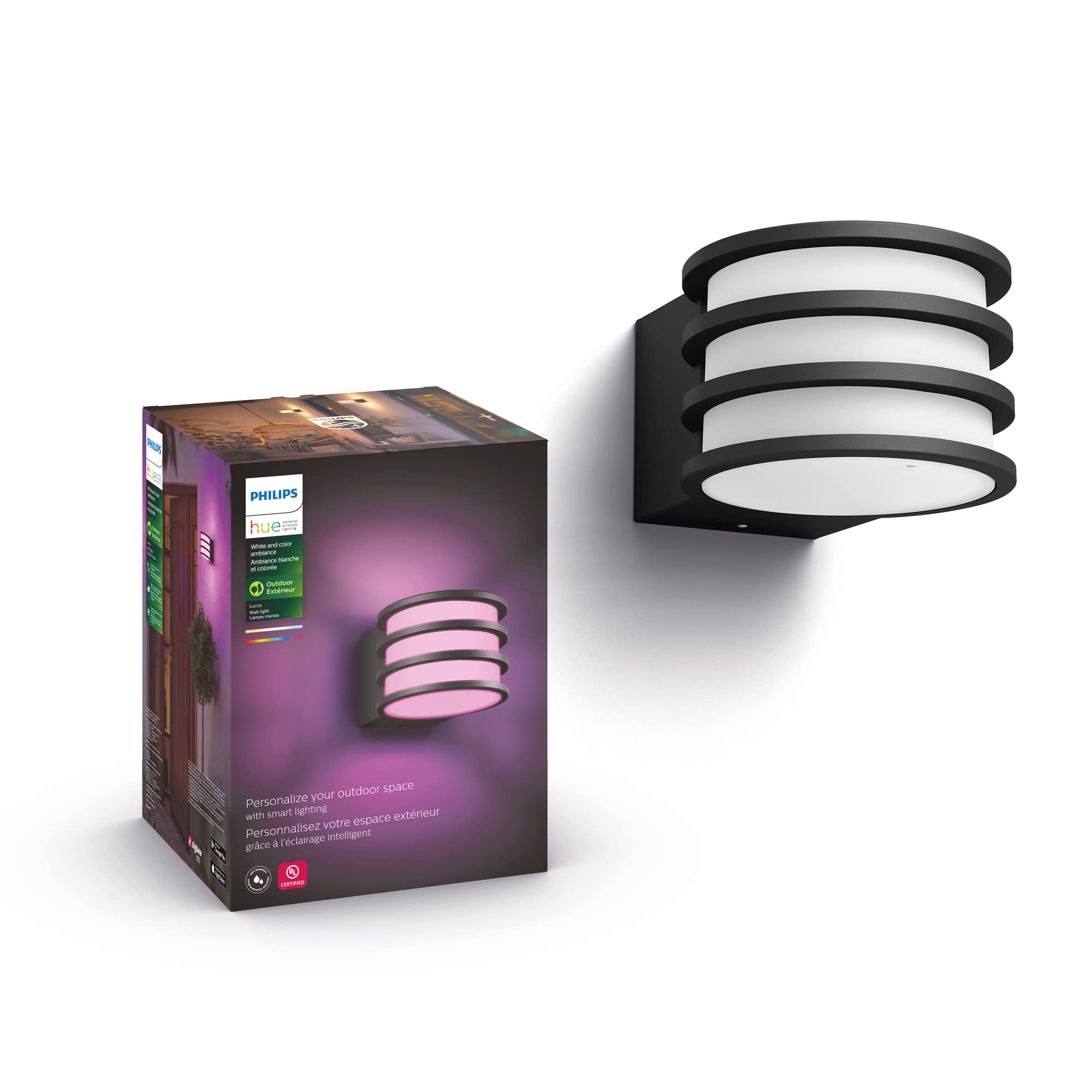 Philips Hue Lucca Outdoor Smart Wall Light, Black - E26 White and Color Ambiance LED Color-Changing Bulb - 1 Pack - Requires Hue