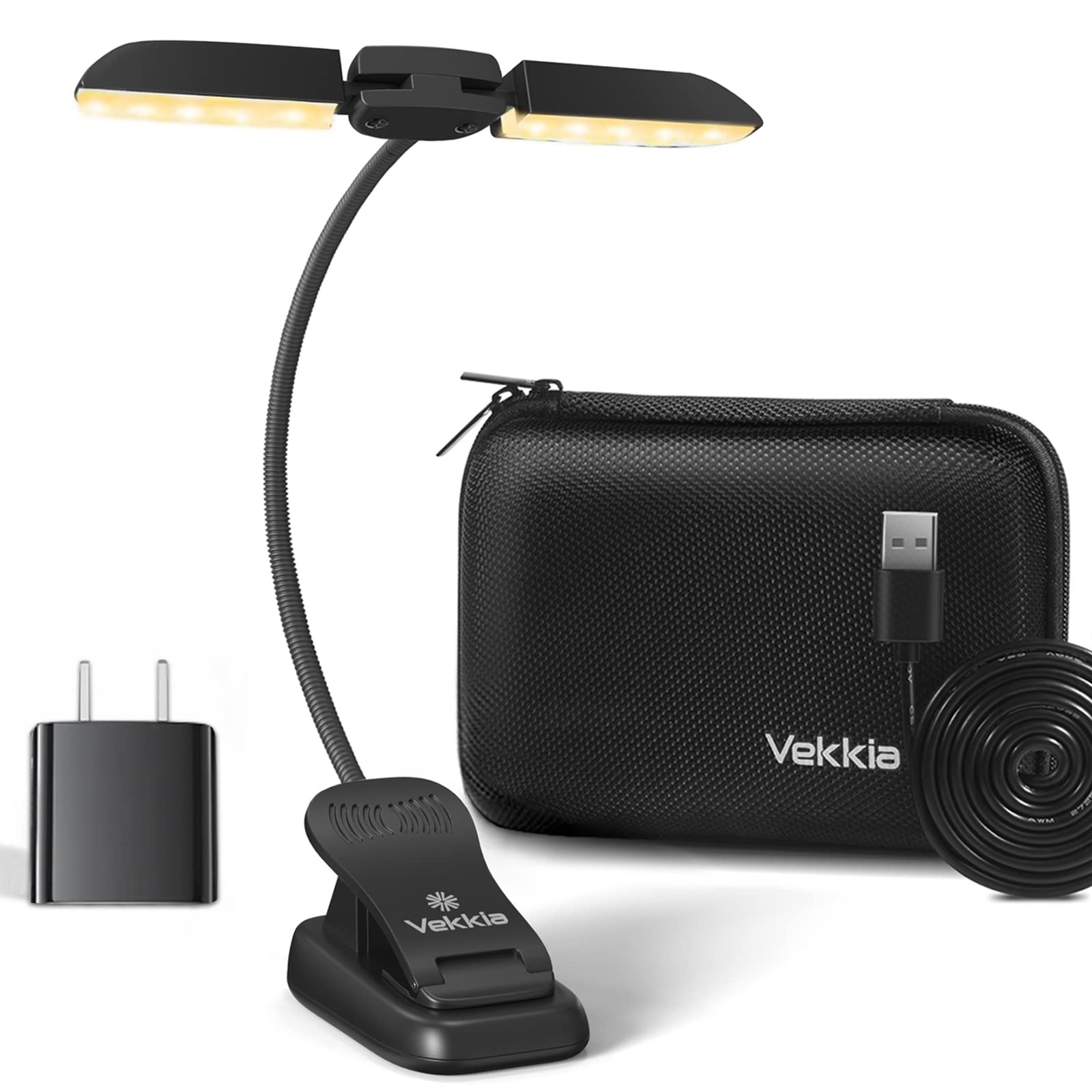 Vekkia 14 LED Book Light with Charger & Travel Case, Black, Eye Care Clamp Light