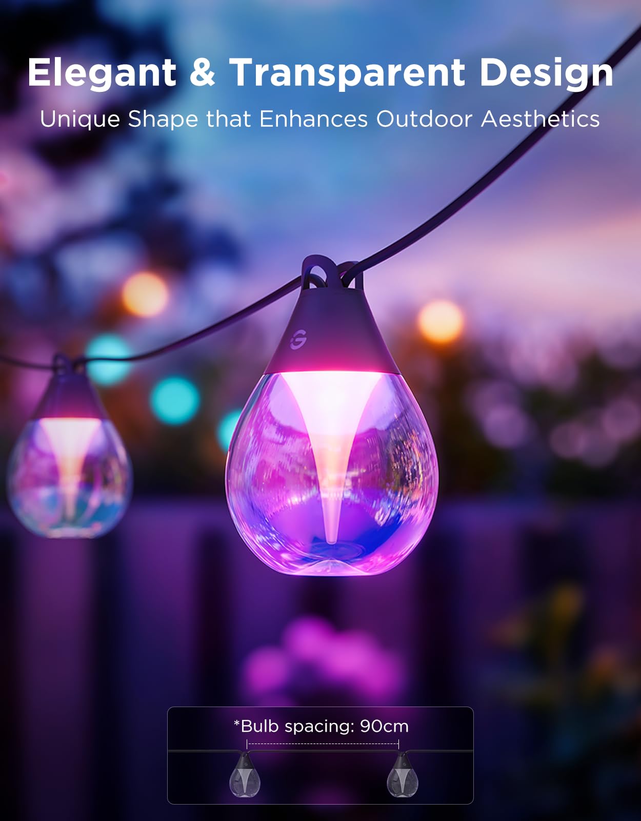 Govee Outdoor String Lights, 48ft RGBWIC, 15 Dimmable Warm White Bulbs, IP67 Waterproof, Works with Alexa & Google, Model H7025
