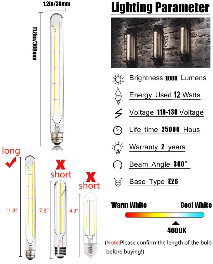 Hxmls Dimmable Led Tubular Bulb T300,T30 Long Tube Edison Light Vintage Filament Bulb12W,100W Equivalent,4000K Daylight White,Clear Glass Cover E26 Medium Base,11.8Inch(4 - Pack.…