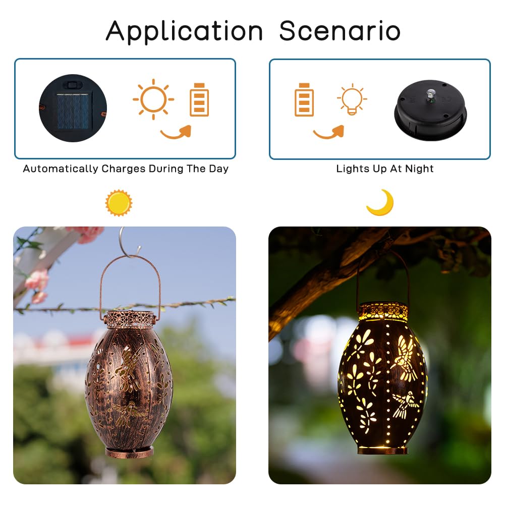Stargarden Solar Lantern, 2 Pack Decorative Solar Lanterns Outdoor Waterproof Solar Lights Outdoor, Hollow Out Hummingbird Pattern Hanging Solar Lanterns For Yard ,Copper