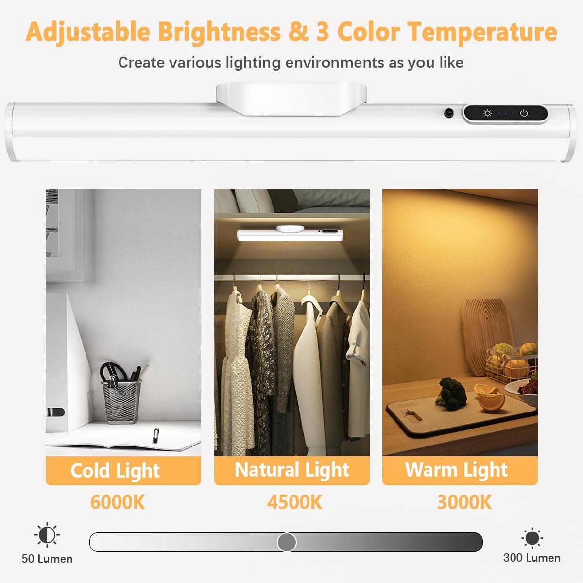 bravzurg Rechargeable Magnetic LED Light Bar, Dimmable, Battery Powered, Without Motion Sensor, White, Model YZYK350-GY06