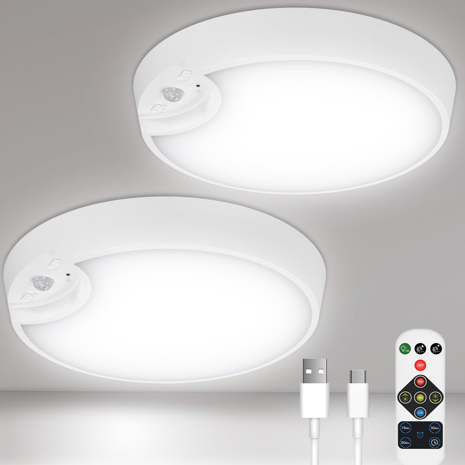 WhitePoplar Rechargeable Motion Sensor Light, 3 Colors Dimmable, Battery Operated, Wireless Ceiling Lights, 7.4inch, 2 Pack, White