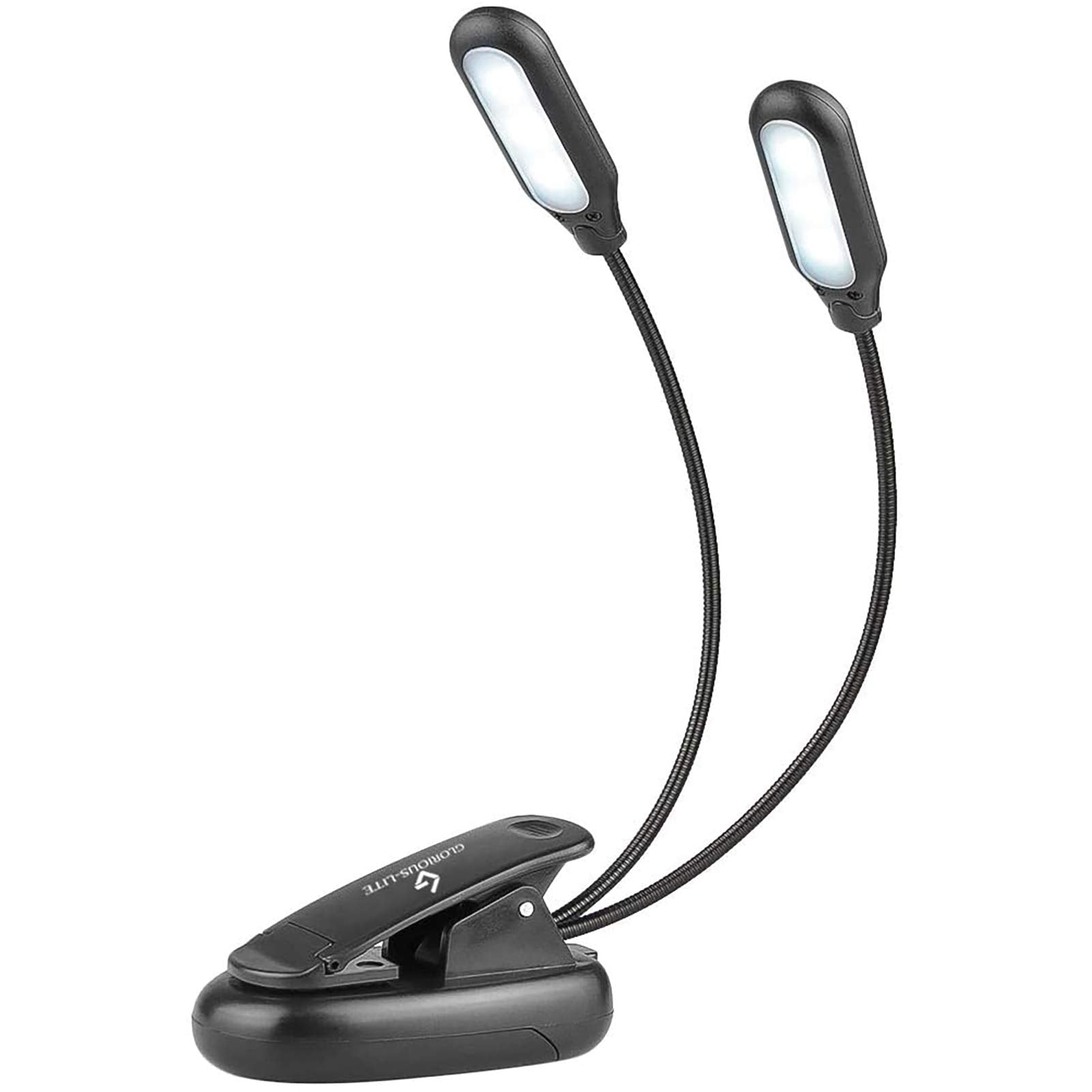 GLORIOUS-LITE Clip On Book Light, 10 LED, 3 Color Modes, Battery & USB Operated, Black, Double Head, Model AAA-BLBL-03-BK