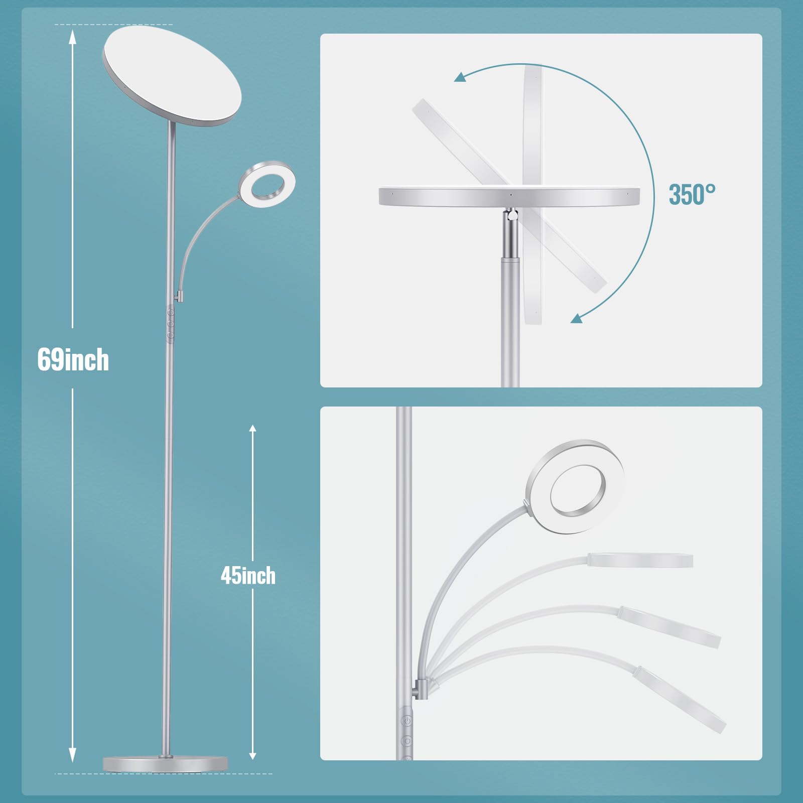 marctronic Silver Gray Floor Lamp, 42W LED, 4000LM, Dimmable with Remote & Touch Control, Model MTUS-FL42E-RM02-Grey