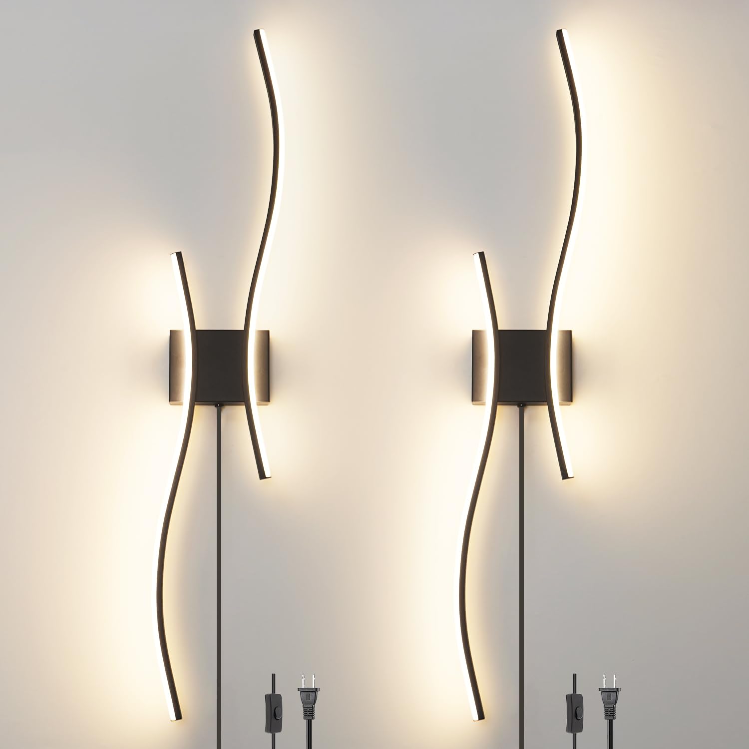 Daunton Modern Black Plug in Wall Sconces Set of 2 - Smart Dimmable LED Wall Lights with Remote  3CCT Adjustable & Memory Function  Timer Setting - No Wiring Needed for Living Room  Bedroom  Hallway