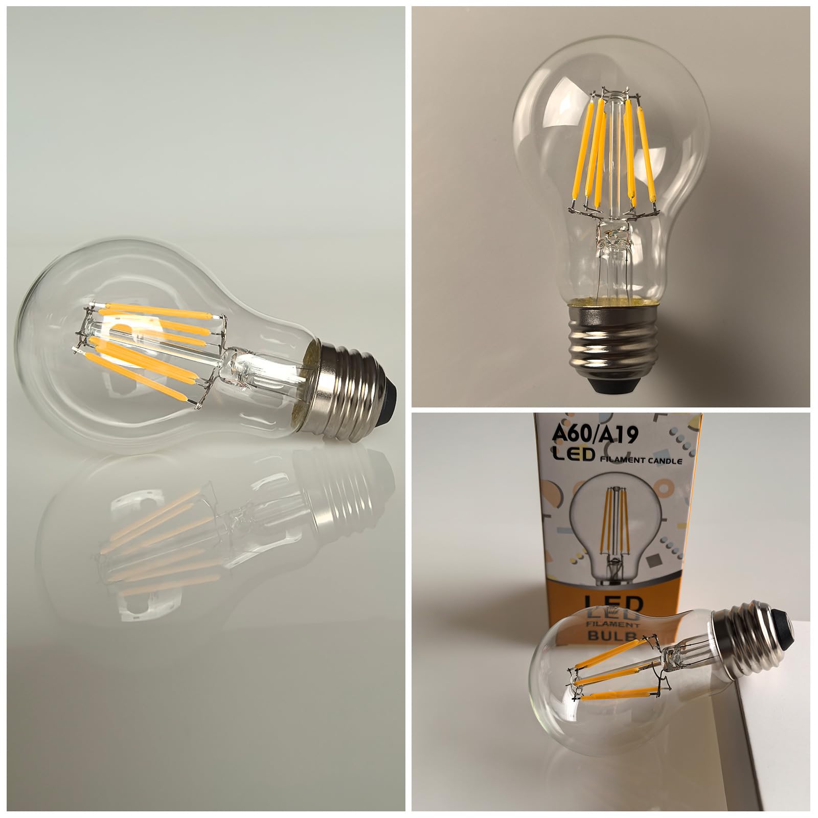Xiaokalami A19/A60 Clear Led Light Bulbs Dimmable 60W Equivalent, 3000K Warm White Light Bulbs 6W E26 Base, Antique Clear Glass
