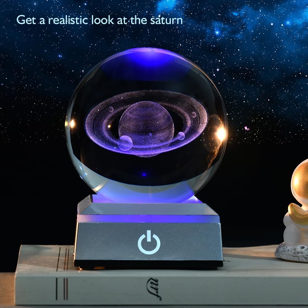 Zrenjhus 3D Saturn Crystal Ball Saturn Night Light Planet Model With Laser Engraved Saturn And Led Light Base Luminous Snow Ball